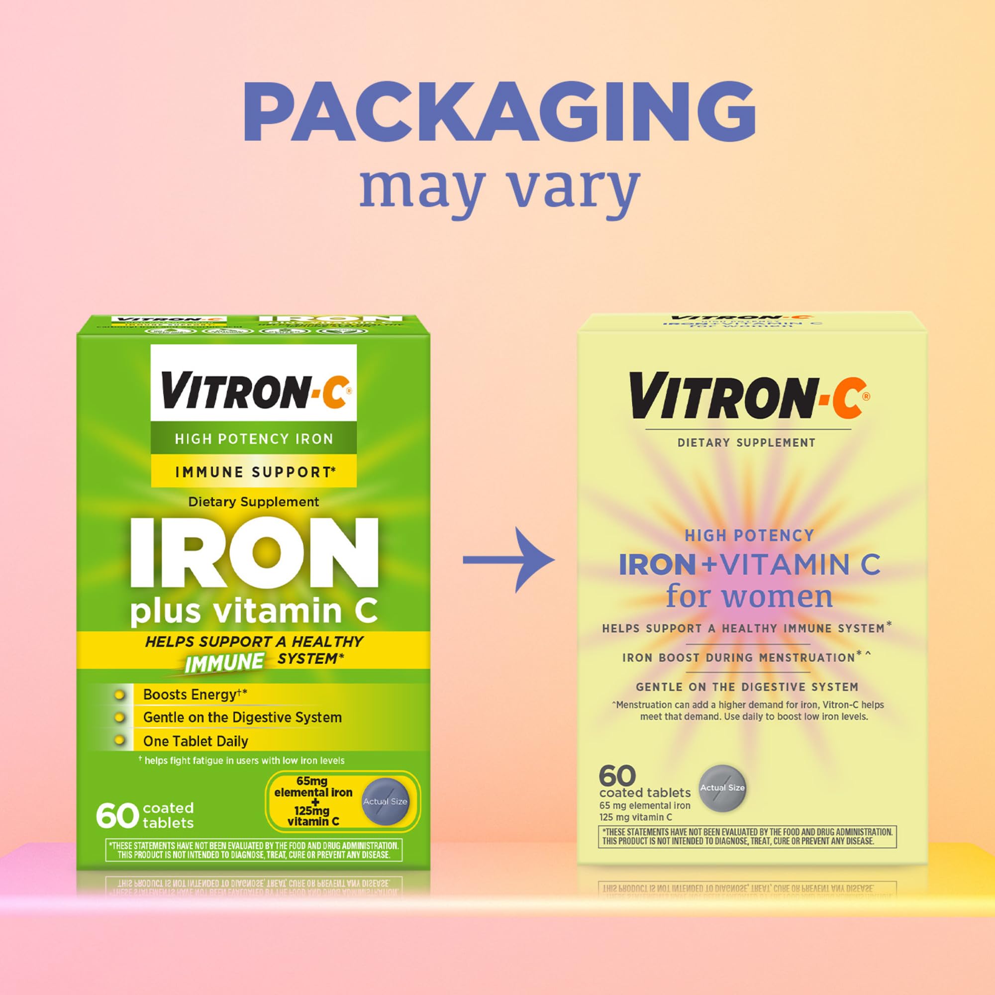 Vitron-C Iron Supplement for Women with Vitamin C, for Red Blood Cell Production & Immune Support, 60 Count