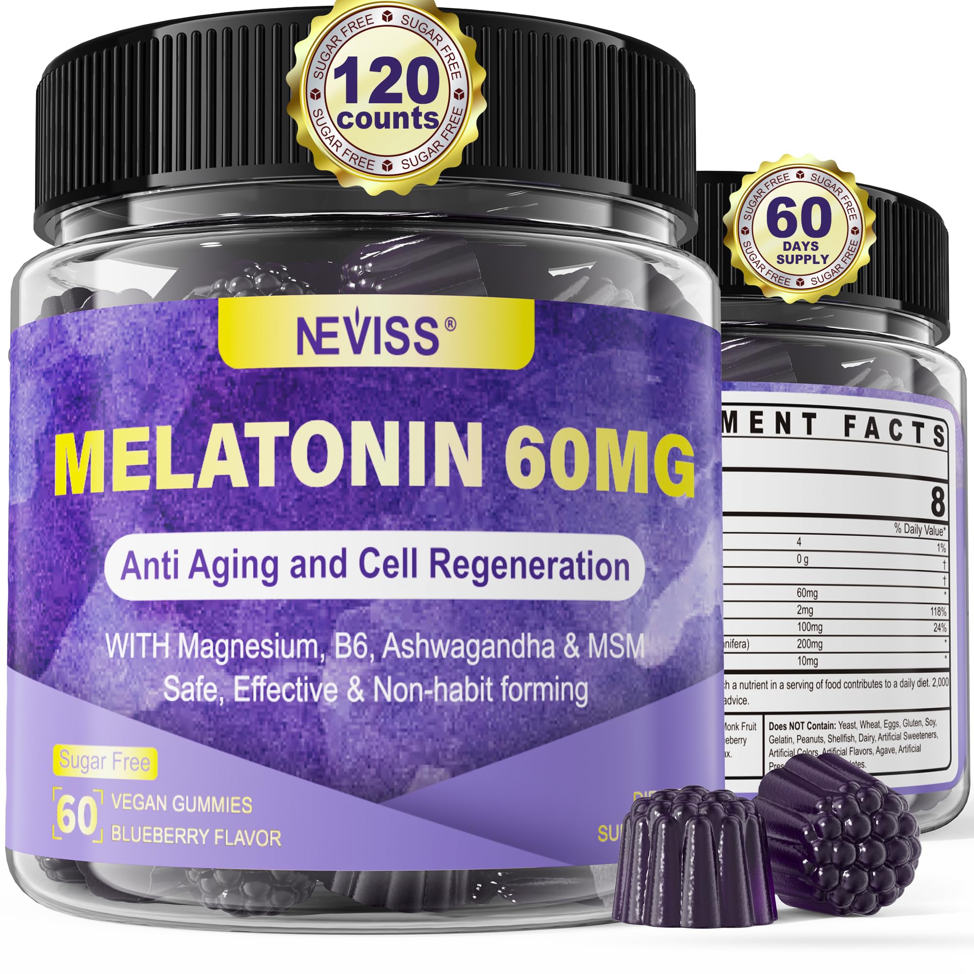 Antioxidant & Brain Support Melatonin 60mg 30mg for 50+ Adults | High Dose Melatonin for Anti-Aging & Immune | Extra Strength Melatonin Gummies with B6, Ashwagandha, Magnesium, MSM - 120 Gummies