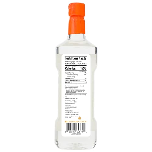 BetterBody Foods Organic Coconut MCT Oil - Energy Boosting- Keto-Friendly - C8 & C10 - Gluten Free - 1 Liter, 33.8 Fl Oz