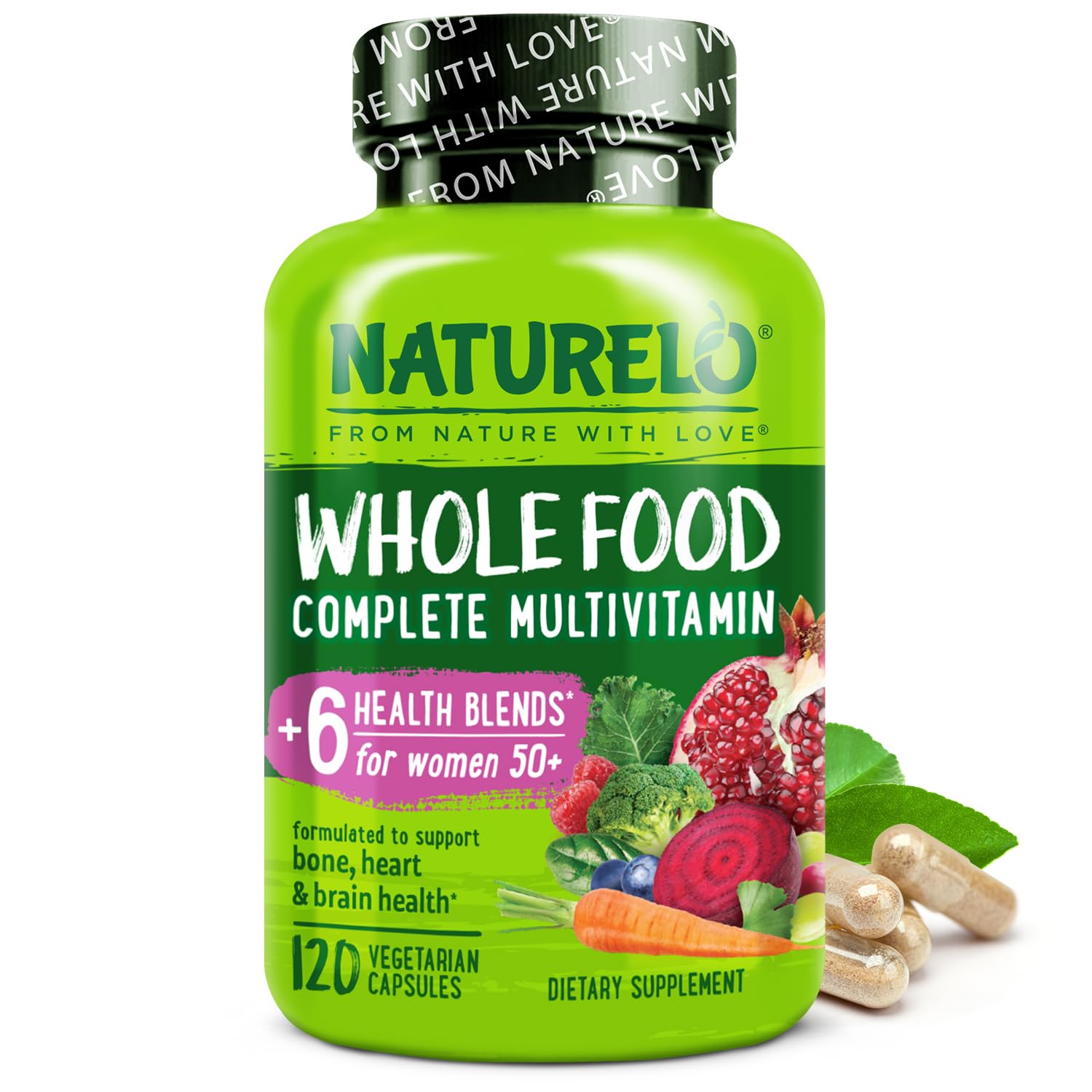 NATURELO Whole Food Multivitamin for Women 50+ (Iron Free) with Vitamins, Minerals, & Organic Extracts - Supplement for Post Menopausal Women Over 50 - No GMO - 120 Vegan Capsules