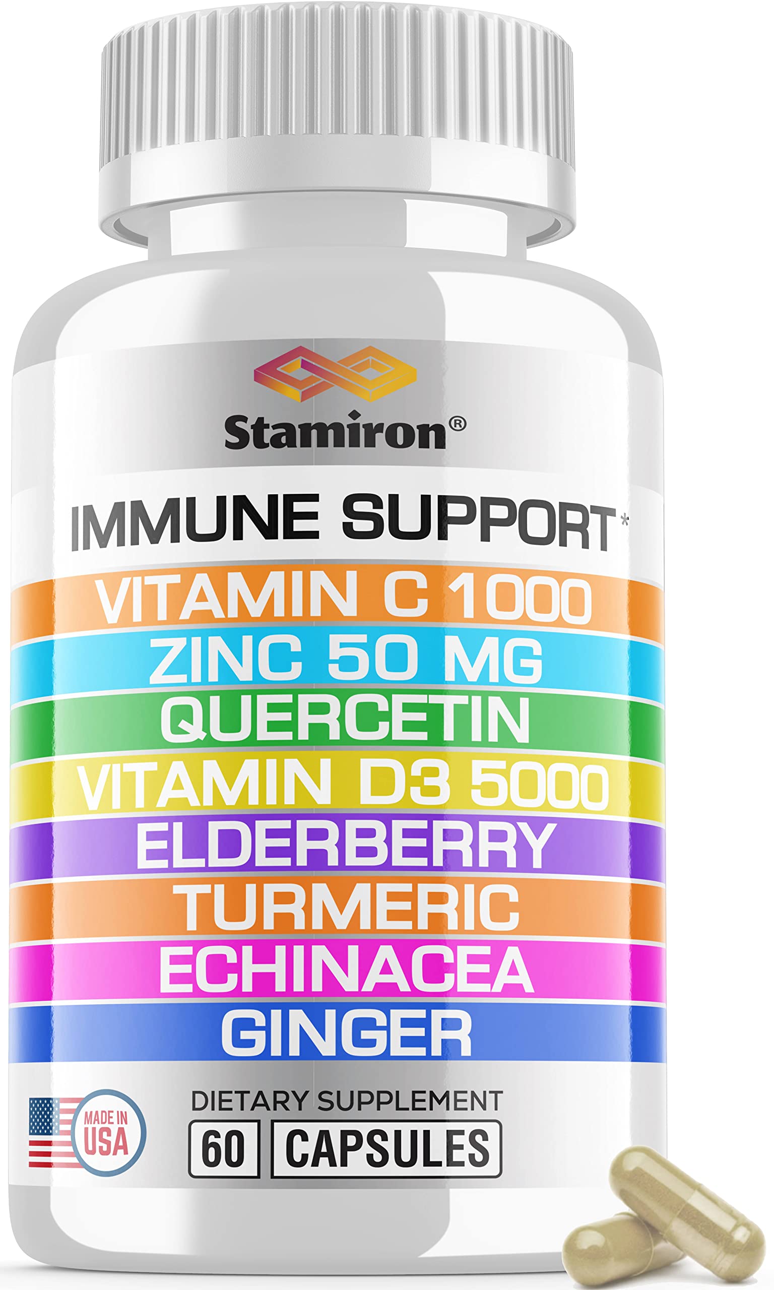 8 in 1 Immune Support with Quercetin Zinc 50mg Vitamin C 1000mg Vitamin D3 5000 IU and Elderberry Echinacea Ginger for Adults Kids - VIT D Supplement Veg Capsules