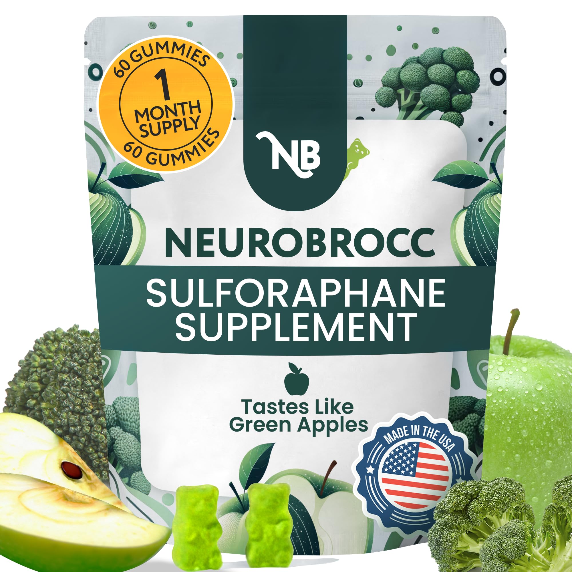NeuroBrocc Sulforaphane Supplement Gummies – Broccoli Sprout Extract – Vegan Friendly Green Apple Flavor – Broccoli Seed Extrac for Kids and Adults - 60 Gummy Bears