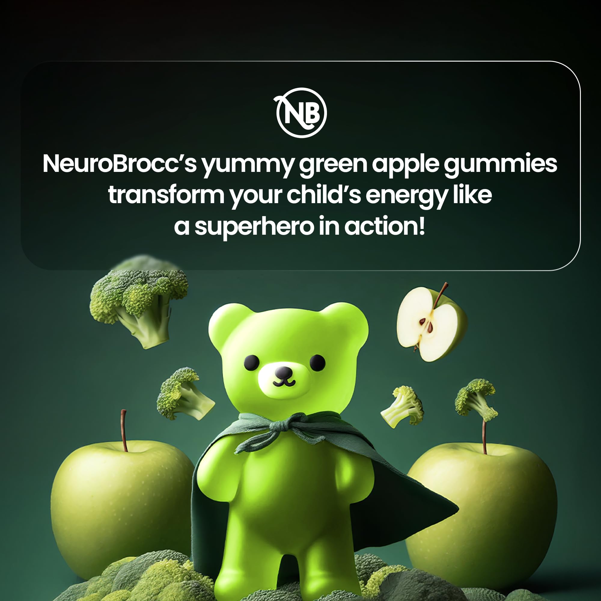 NeuroBrocc Sulforaphane Supplement Gummies – Broccoli Sprout Extract – Vegan Friendly Green Apple Flavor – Broccoli Seed Extrac for Kids and Adults - 60 Gummy Bears