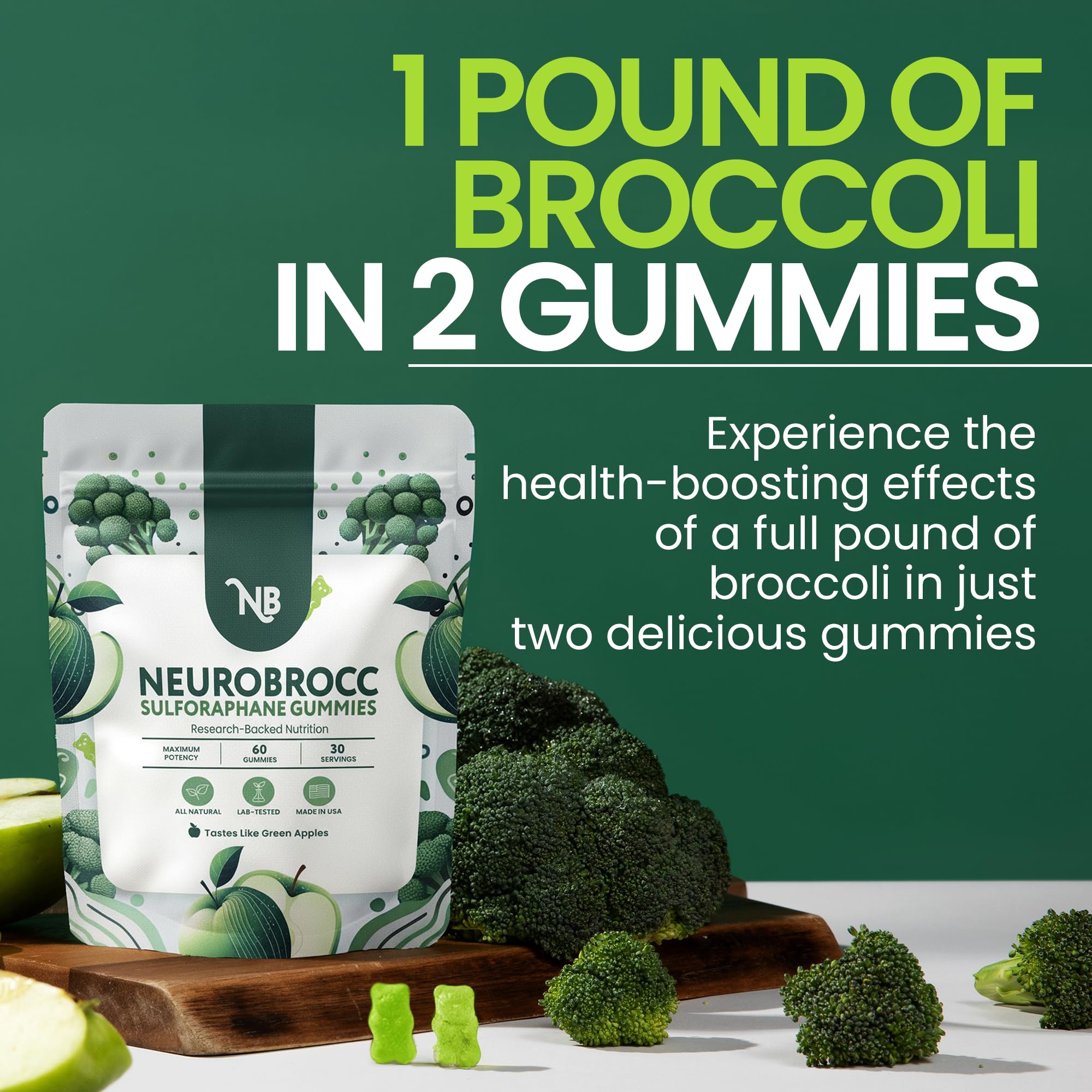 NeuroBrocc Sulforaphane Supplement Gummies – Broccoli Sprout Extract – Vegan Friendly Green Apple Flavor – Broccoli Seed Extrac for Kids and Adults - 60 Gummy Bears