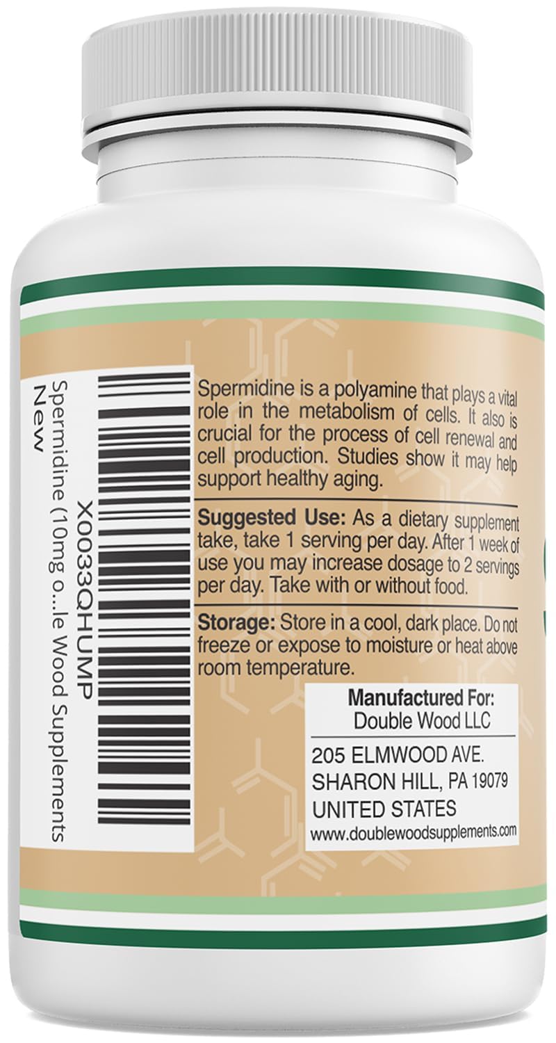 Spermidine Supplement (10mg of 99% Spermidine 3HCL - Third Party Tested) 120 Capsules - Over 100x More Potent Than Wheat Germ Extract for Cell Membrane, Telomere Health and Aging by Double Wood