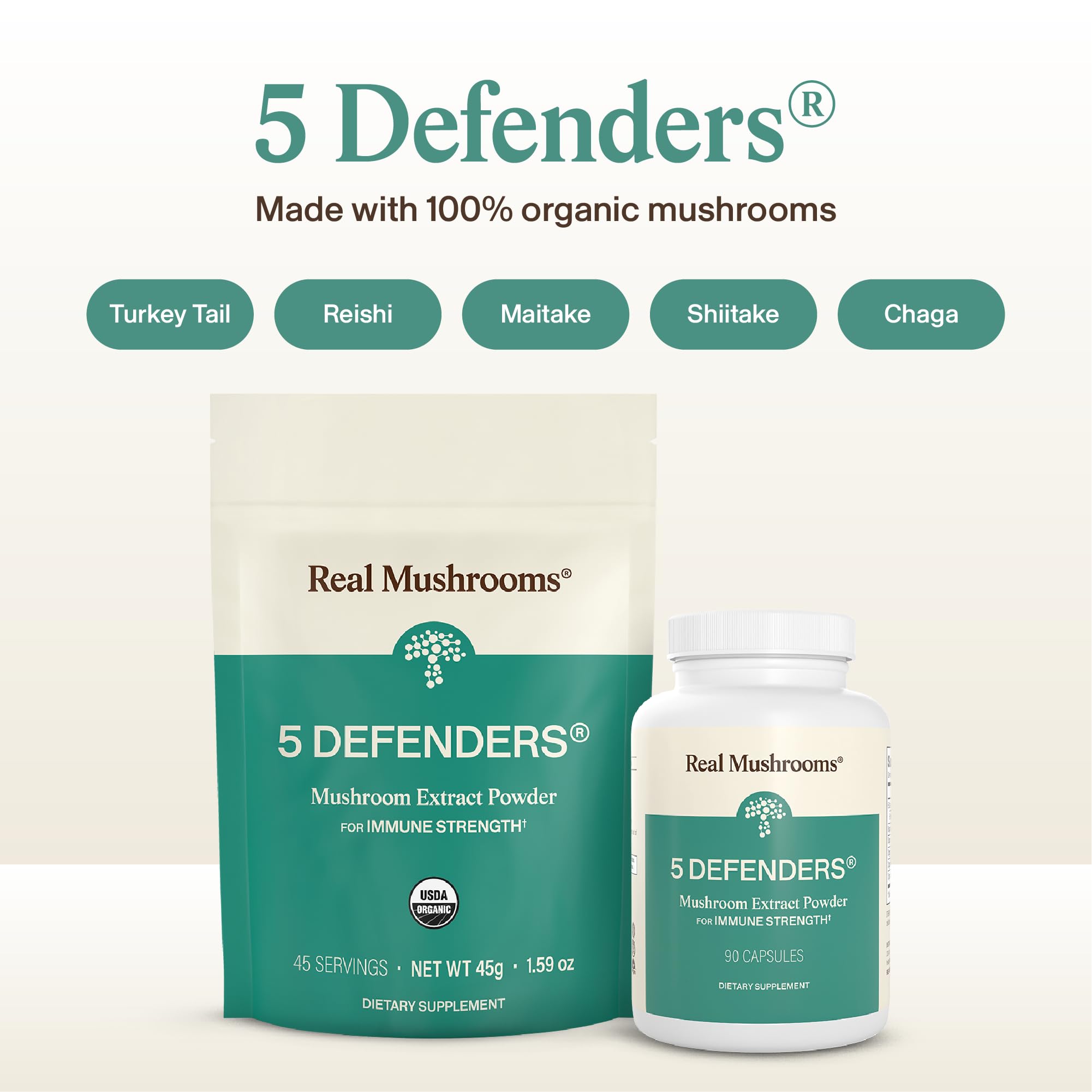 Real Mushrooms 5 Defenders - Adaptogenic Mushrooms Complex with Chaga, Reishi, Turkey Tail, Maitake & Shiitake for Wellness Support - Mushroom Beta Glucan Capsules - 90 Count