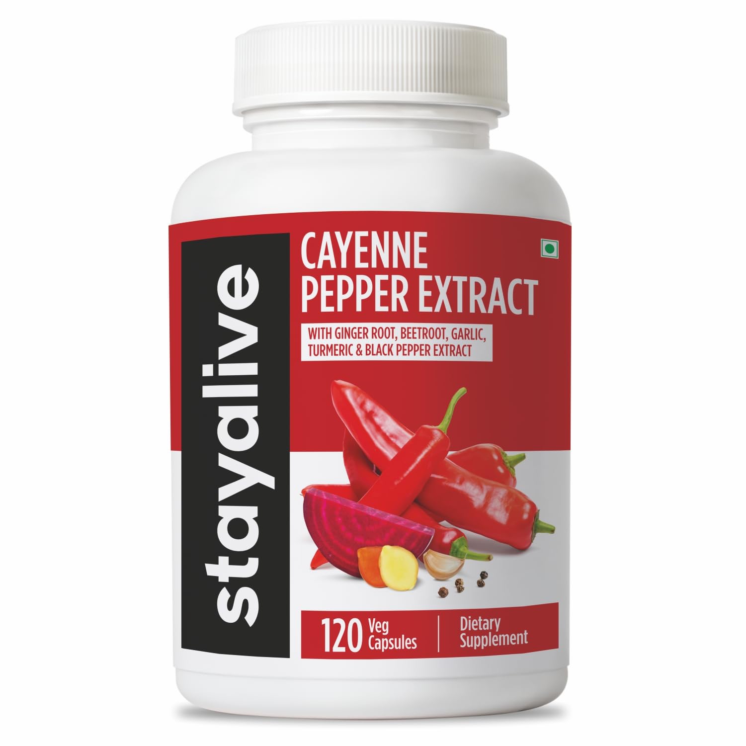 STAY ALIVE Cayenne Pepper Capsules, 6-in-1 Capsicum Blend w/Ginger, Garlic, Turmeric, Beet Root, and Black Pepper Extract, 120 Cayenne Capsules, Non-GMO & Gluten-Free Capsimax Capsaicin Supplement