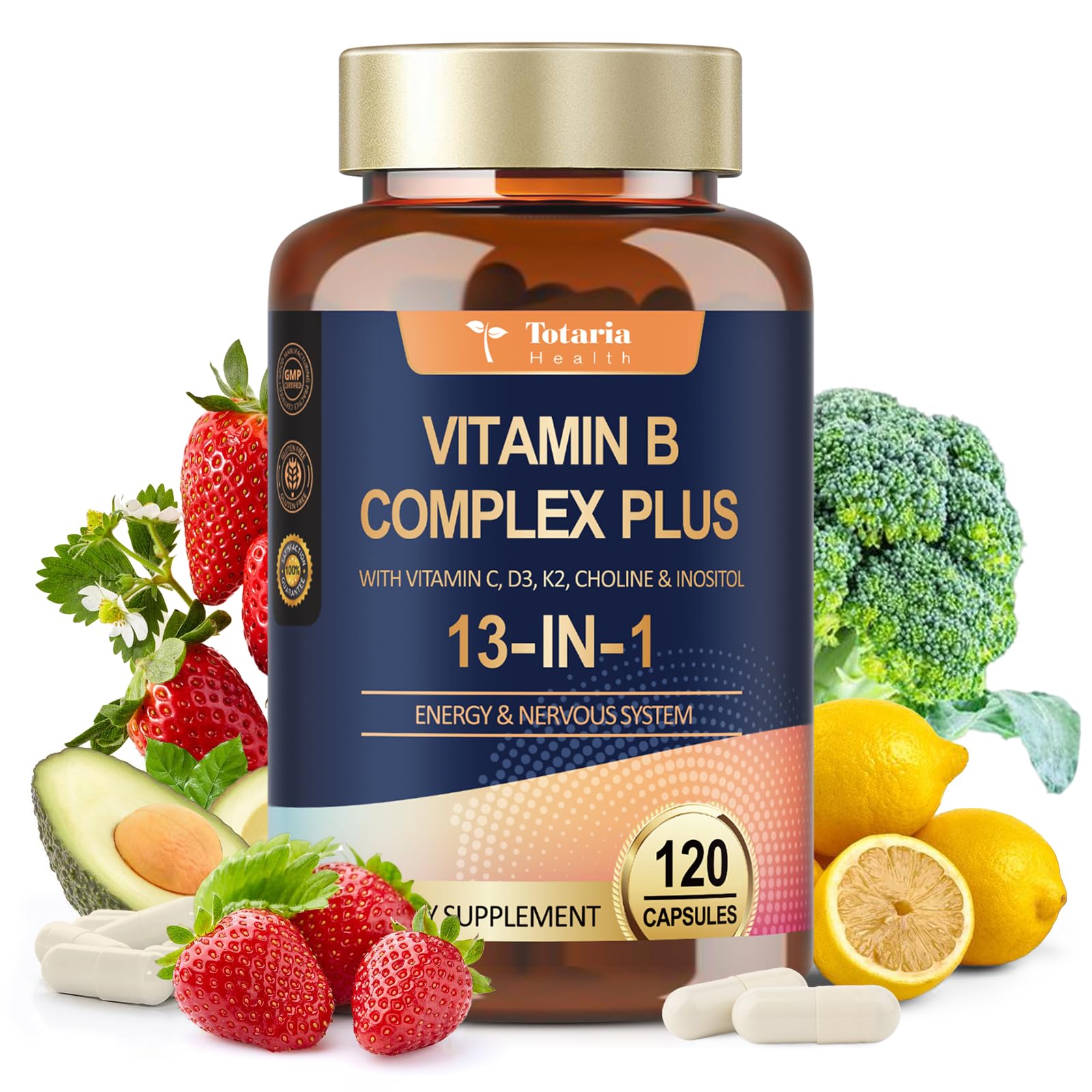 13-in-1 Vitamin B Complex Plus with Vitamin B1, B2, B3 (Niacinamide), B4, B5, B6, B7 (Biotin), B8 (Inositol), B9 (Folate), B12, C, D3, K2 - Energy, Nerve, Immune, Skin Support - 120 Vegan Capsules