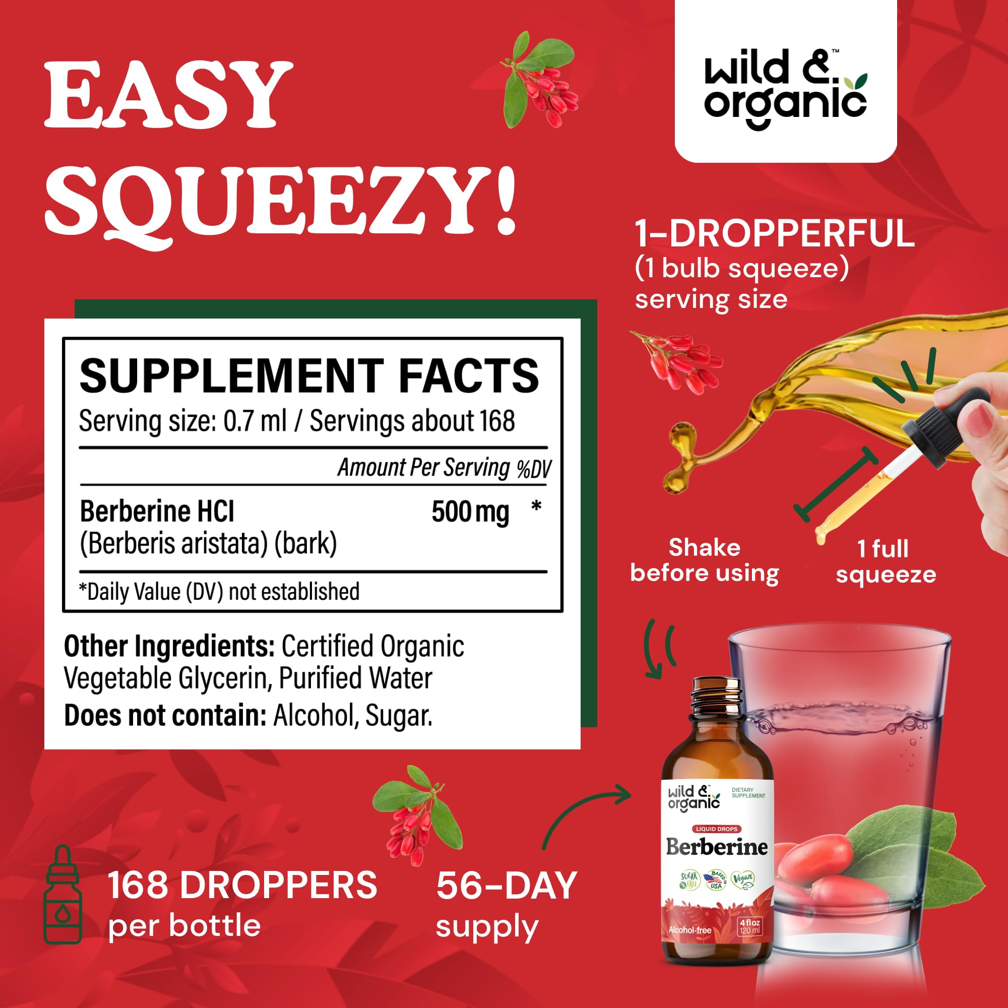 Wild & Organic Berberine Drops 500mg - Liquid Berberine Supplement HCL for Overall Support - Pure Extract Tincture - Vegan, Alcohol & Sugar-Free - 4 fl oz