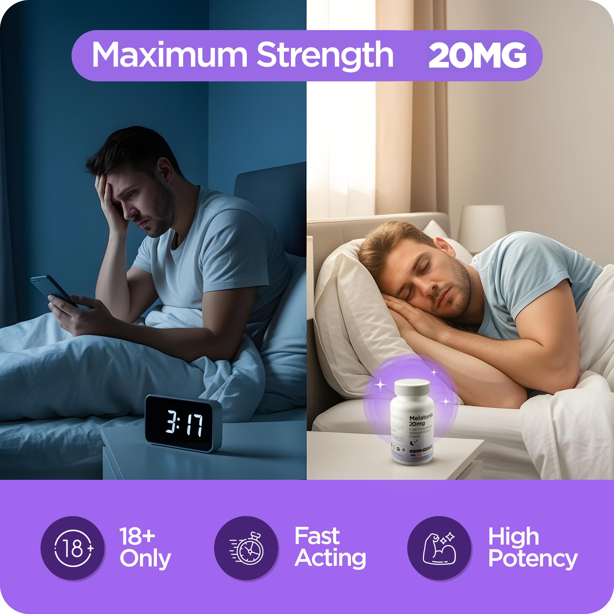 Melatonin 20mg Fast Dissolve Tablets - High Potency, Fast Acting, Natural Sleep Support - Sleep Aids for Adults - Non-Groggy, Drug-Free Formula - 120 Sleeping Pills (120 count (Pack of 1))