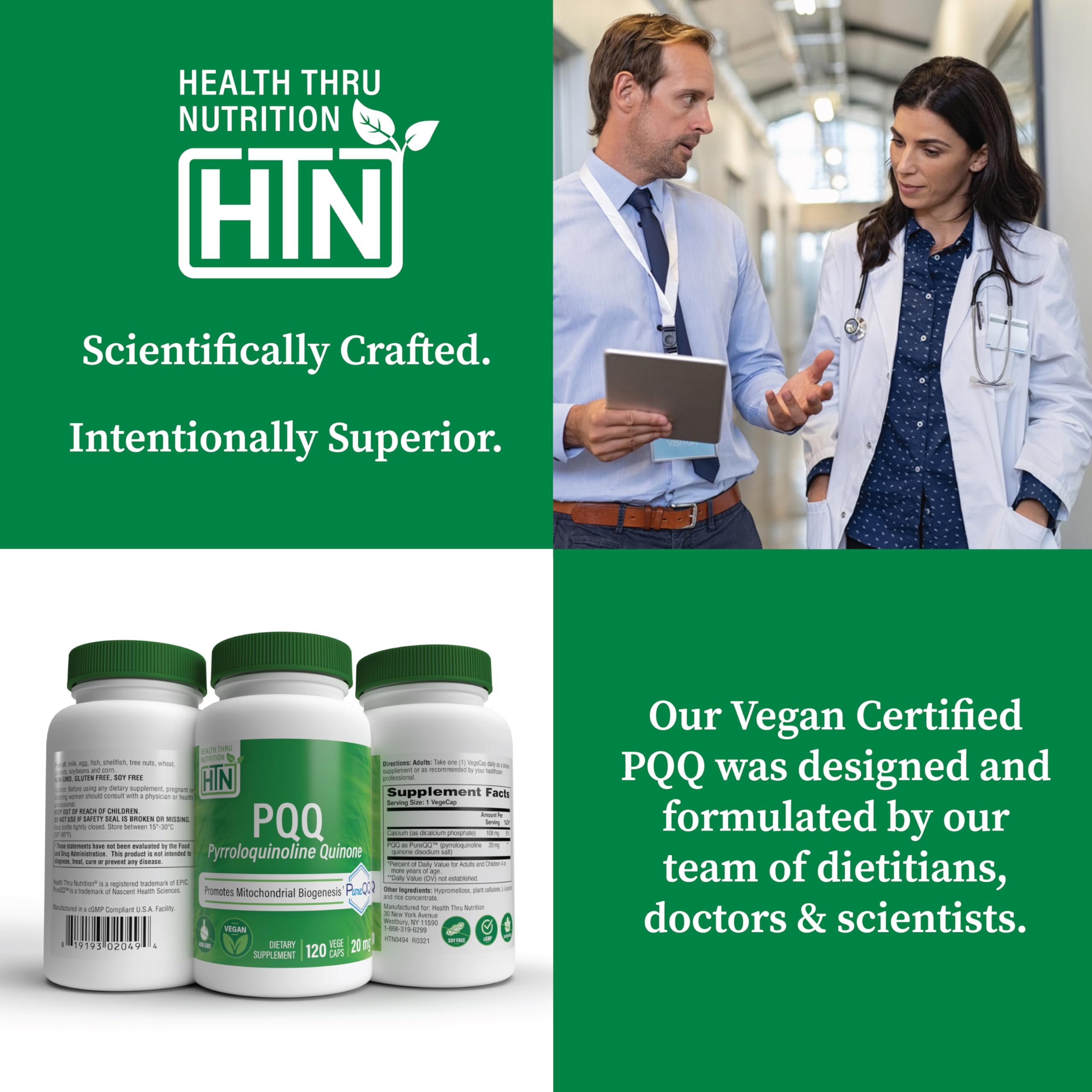 Health Thru Nutrition PQQ 20mg 120 Servings Pyrroloquinoline Quinone as PureQQ | Promotes Mitochondrial Biogenesis | Certified Vegan | Non-GMO Gluten Soy Free Capsules| Clean Label PQQ Supplement