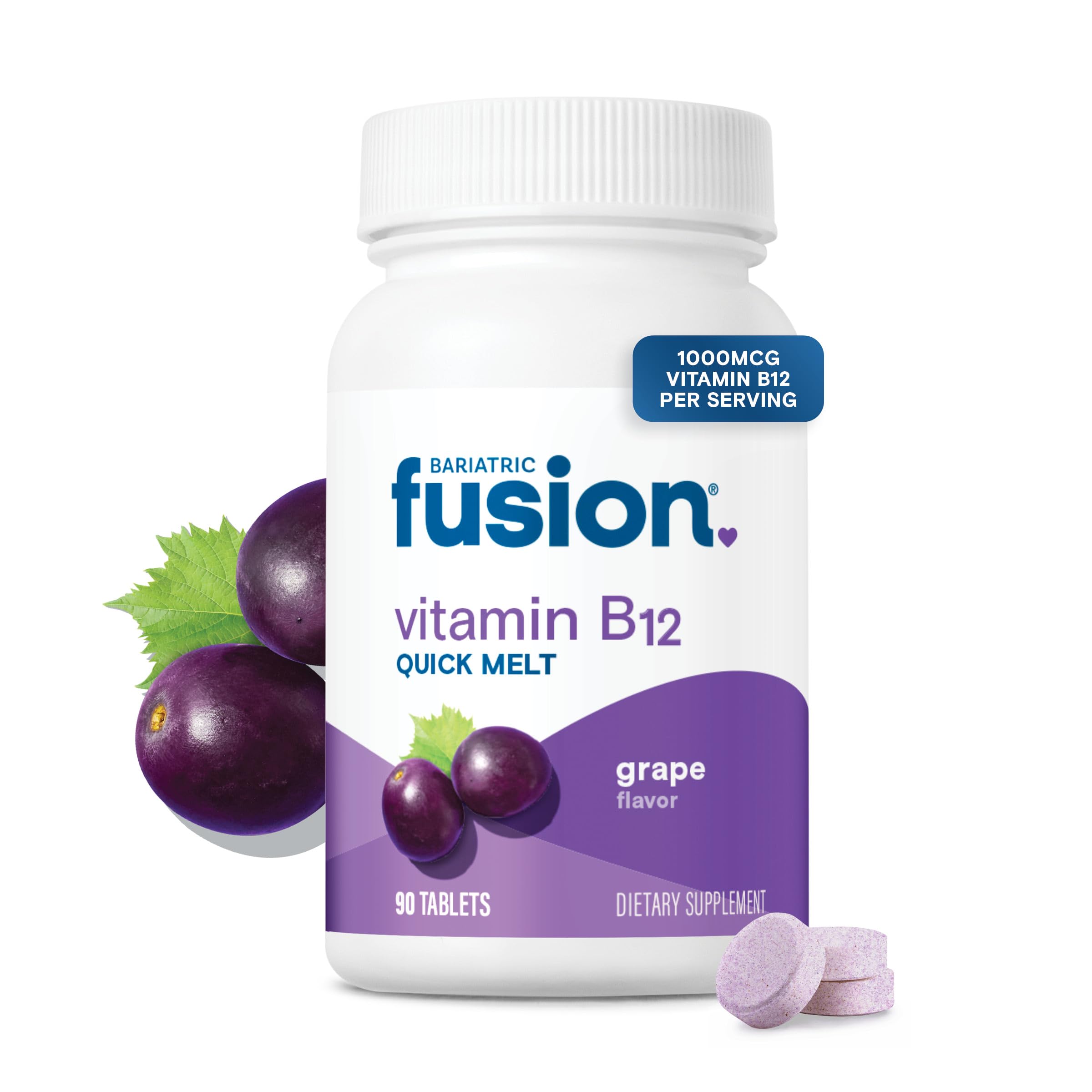 Bariatric Fusion Vitamin B12 Sublingual 1000 mcg Melts | Grape Flavored | Vitamin B12 Dissolve Under Tongue Tablets with Folic Acid | Sugar Free | Methylcobalamin | 90 Count