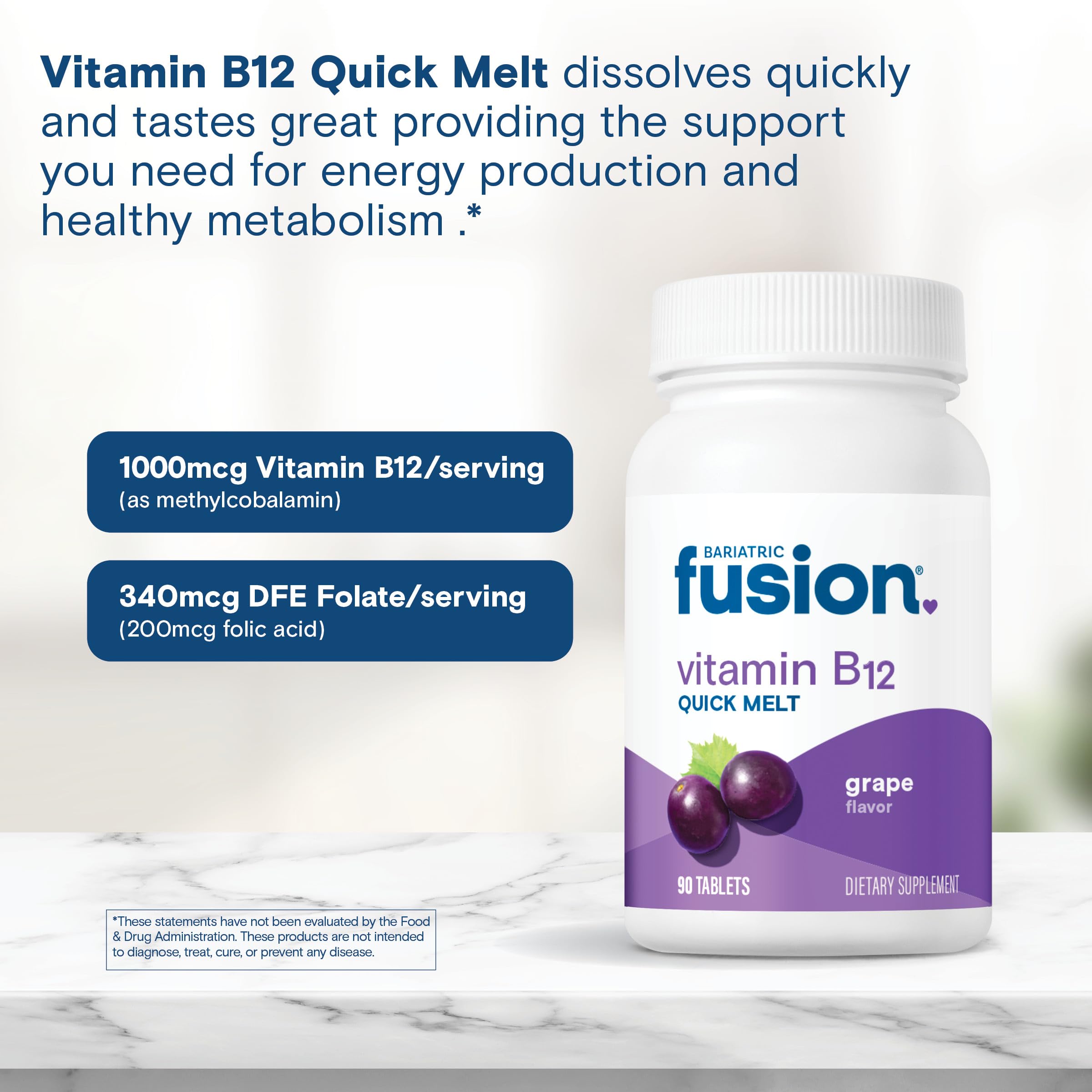Bariatric Fusion Vitamin B12 Sublingual 1000 mcg Melts | Grape Flavored | Vitamin B12 Dissolve Under Tongue Tablets with Folic Acid | Sugar Free | Methylcobalamin | 90 Count
