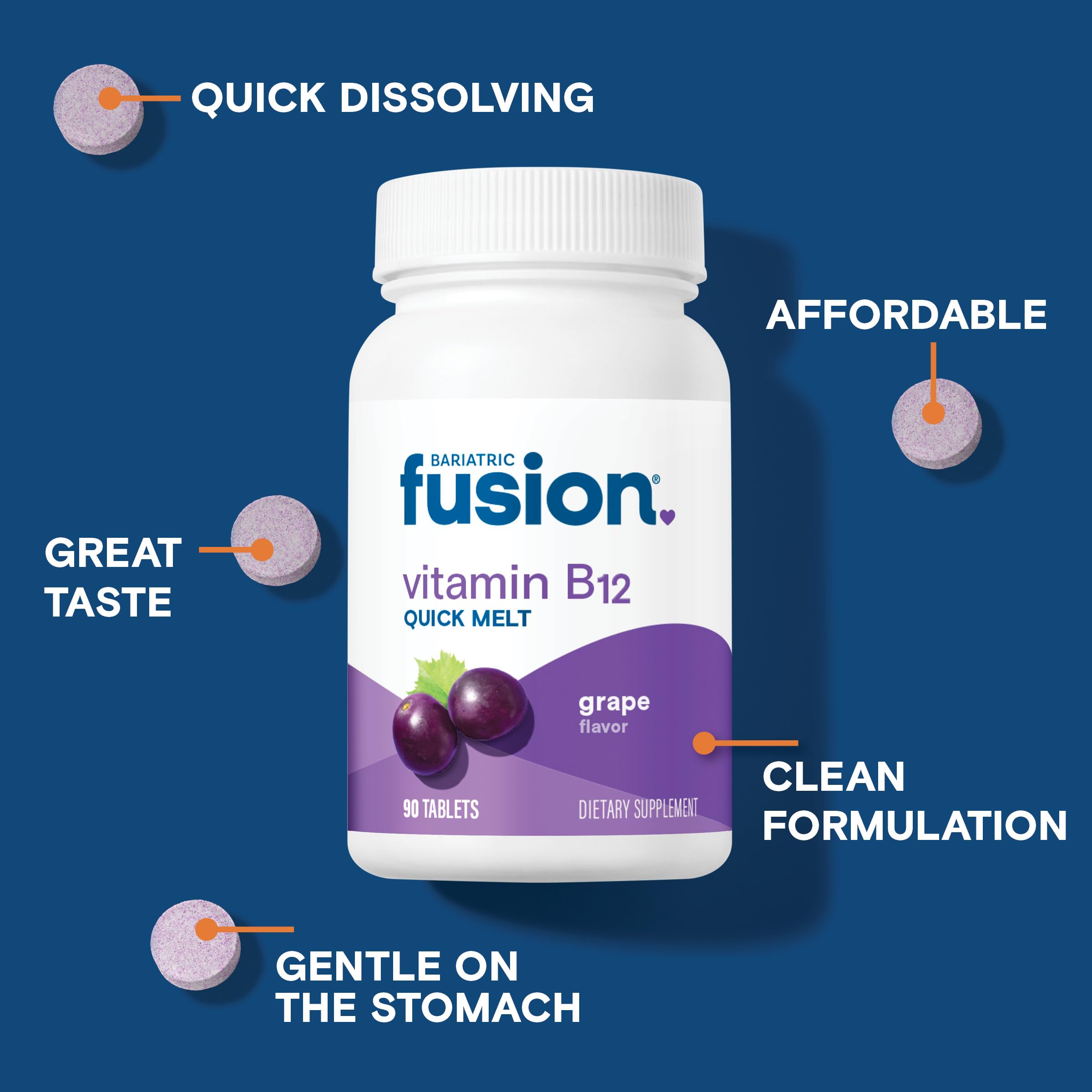 Bariatric Fusion Vitamin B12 Sublingual 1000 mcg Melts | Grape Flavored | Vitamin B12 Dissolve Under Tongue Tablets with Folic Acid | Sugar Free | Methylcobalamin | 90 Count