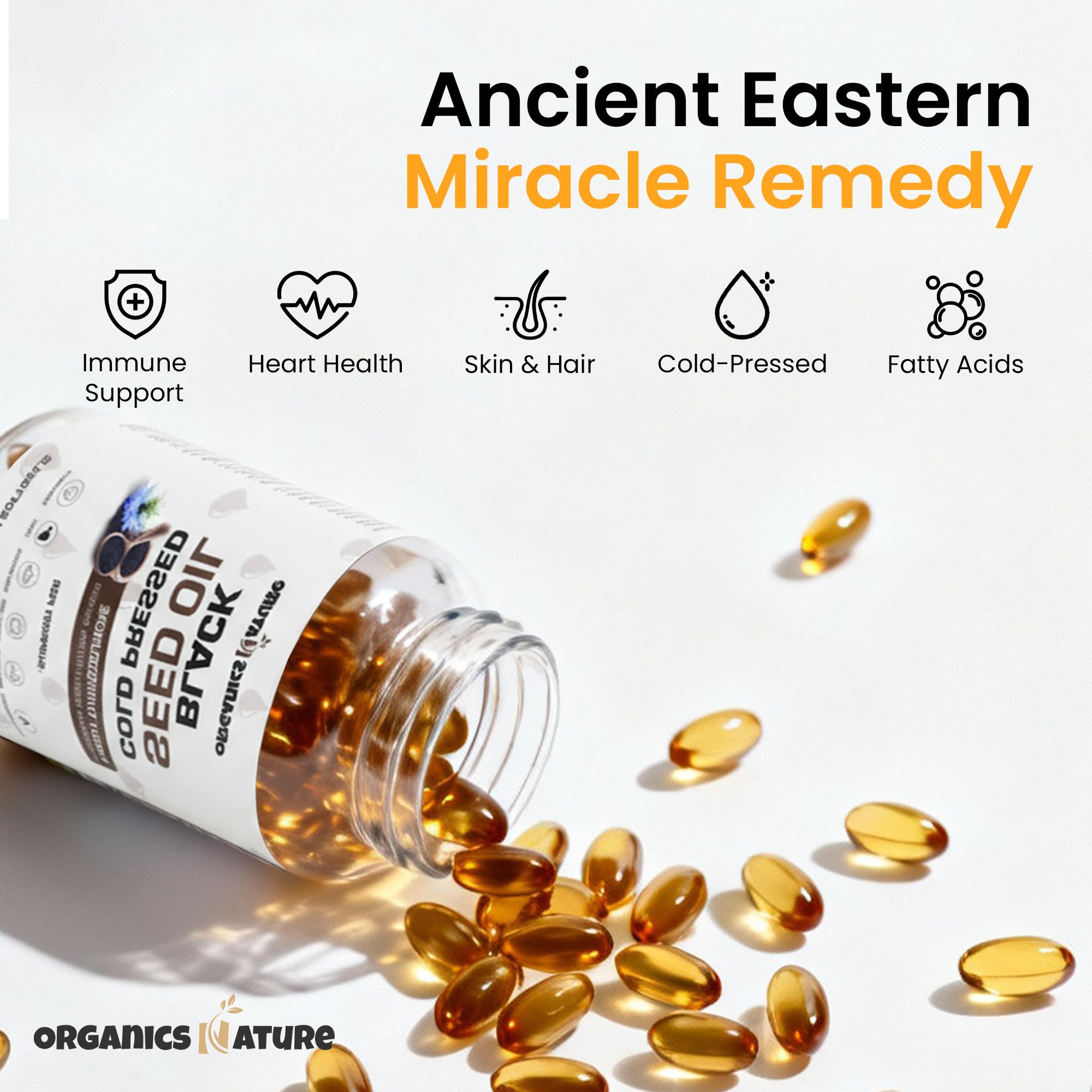 ORGANICS NATURE Black Seed Oil Cold Pressed 60 Softgel Capsules - Immunity Support, Black Cumin Seed Oil, High Thymoquinone, Non-GMO & Vegan, Nigella Sativa, Omega 3 6 9, 1000MG Per Serving