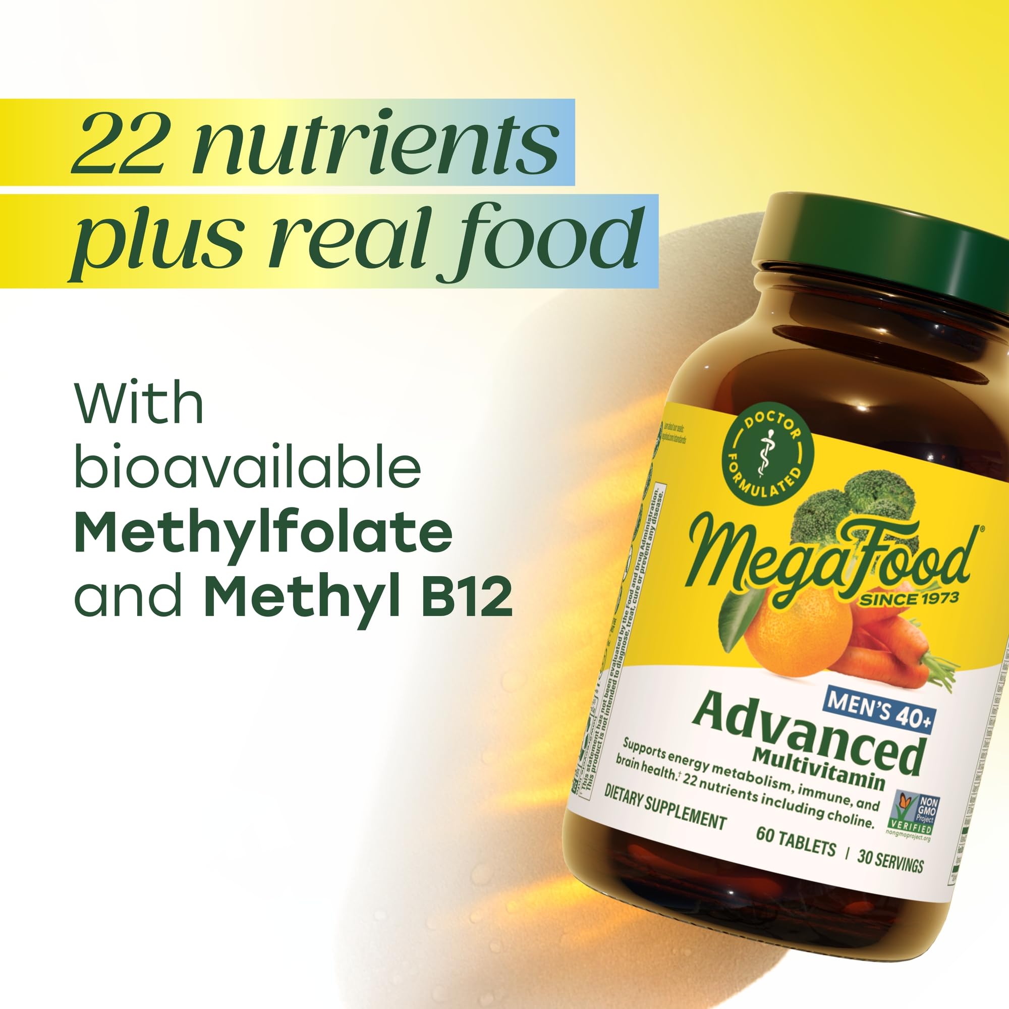MegaFood Men's 40+ Advanced Multivitamin for Men - Dr-Formulated - Choline, Vitamin B, Vitamin C, Vitamin D, Zinc & Real Food - Brain Health, Immune Support - Vegetarian - 120 Tabs (60 Servings)