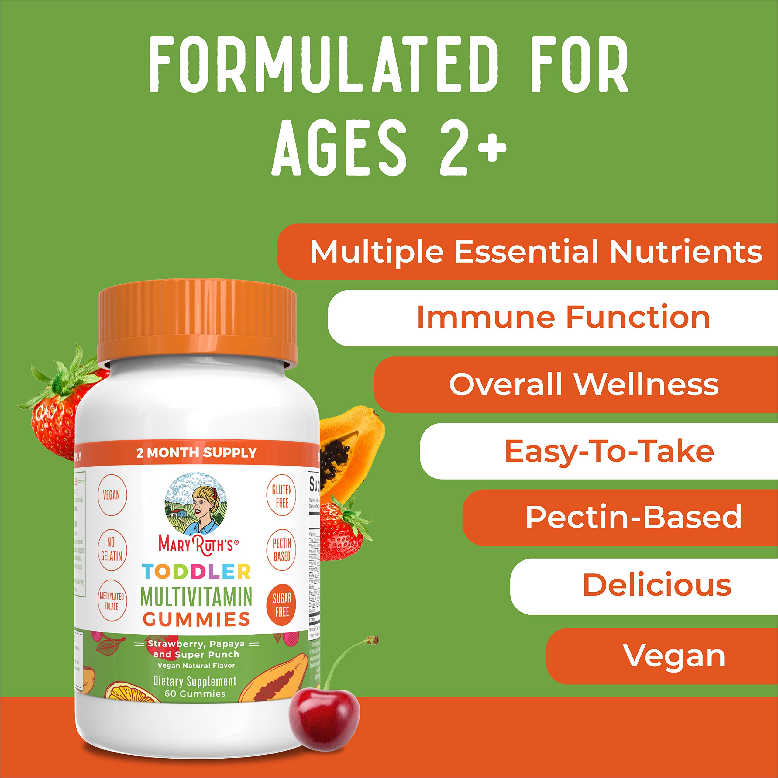 MaryRuth Organics Sugar Free Vitamin Gummies for Kids Age 2 | 2 Month Supply Multivitamin with Vitamin C, D3, Zinc | 1 Gummy Per Day | Toddler Vitamins | Sugar Free | Vegan | Non GMO | 60 Count