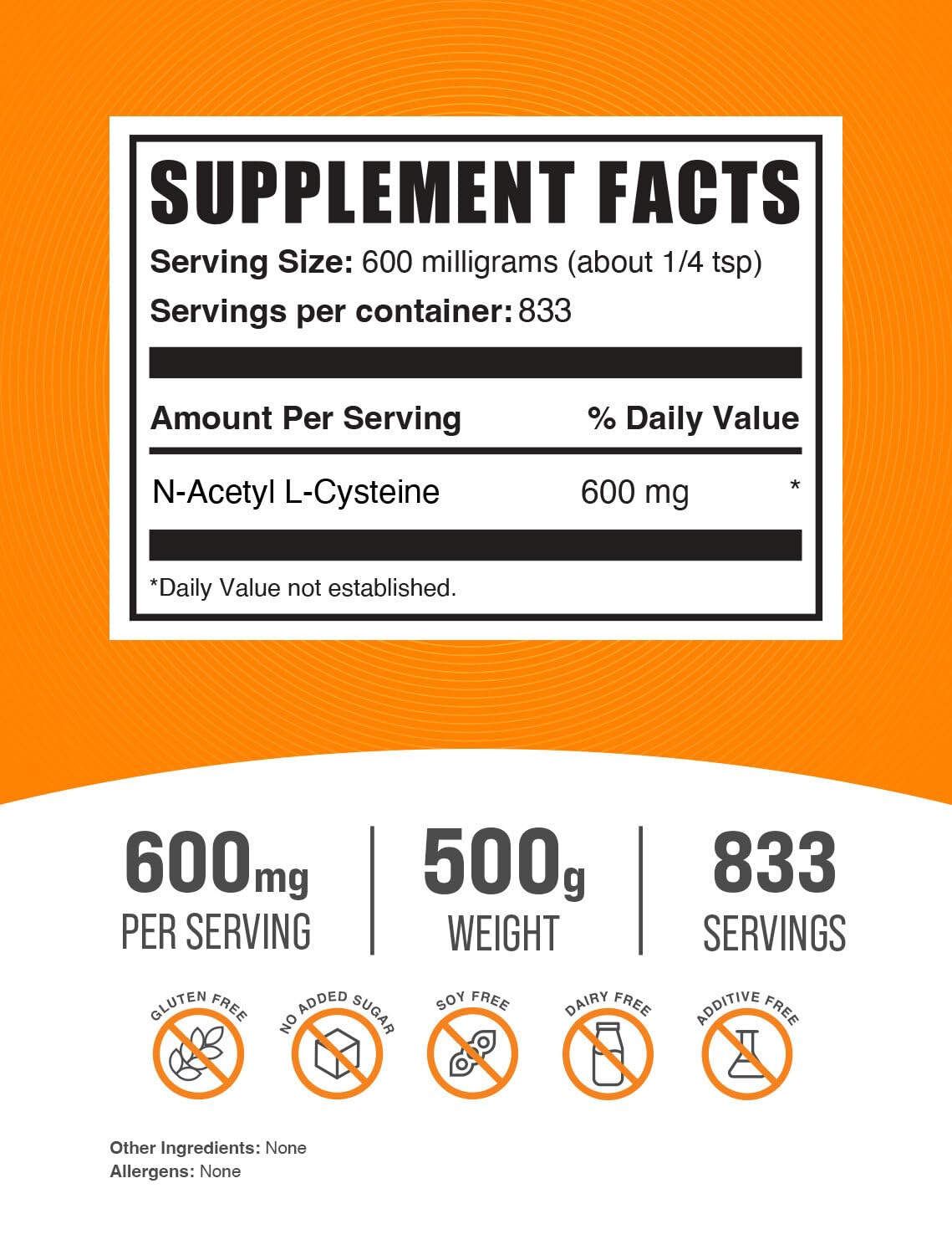 BulkSupplements.com NAC Powder - N-Acetyl Cysteine 600mg, NAC Supplement - Antioxidant Support, Gluten Free - 600mg per Serving, 833 Servings, 500g 1.1 lbs (Pack of 1)