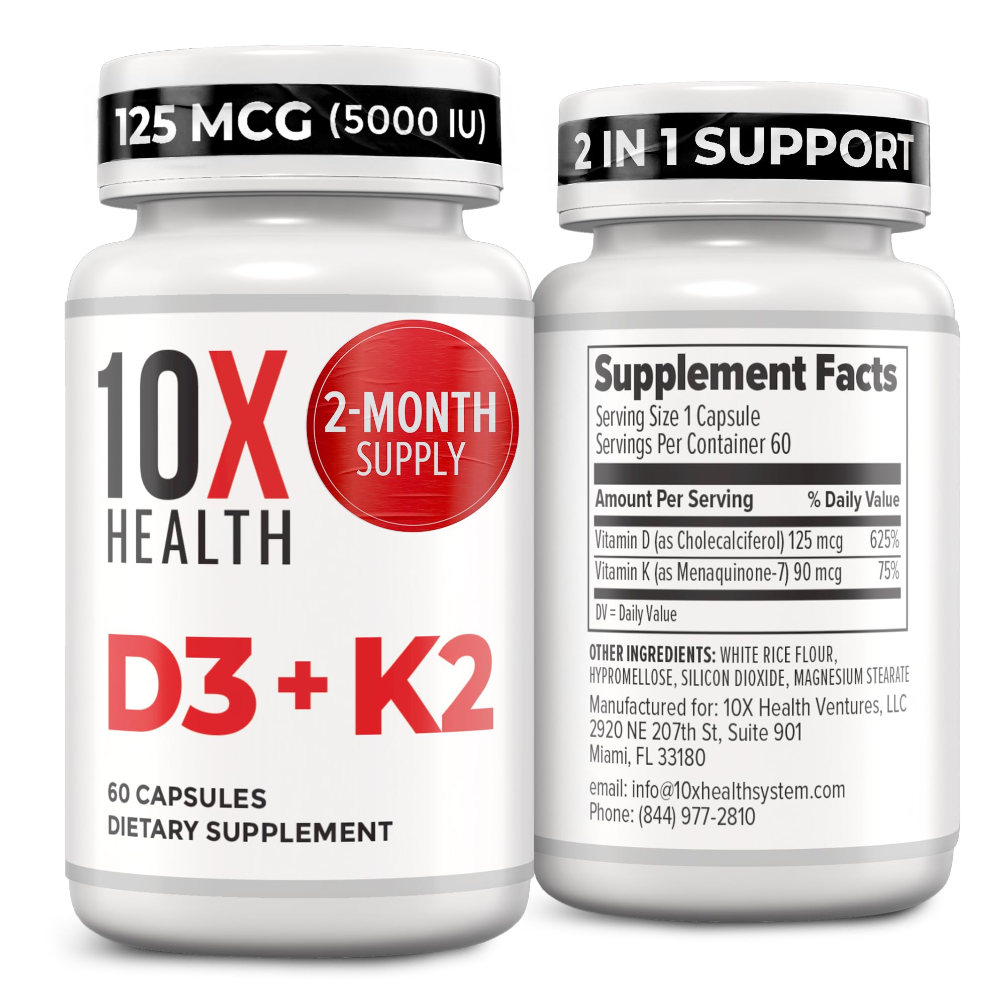 10X Health Vitamin D3 5000 IU & K2 MK7 - Menaquinone 7, High-Potency D3 K2 Vitamin Supplement for Bone Health, Heart and Teeth - 125 mcg Vitamin D & 90 mcg Vitamin K2-60 Capsules