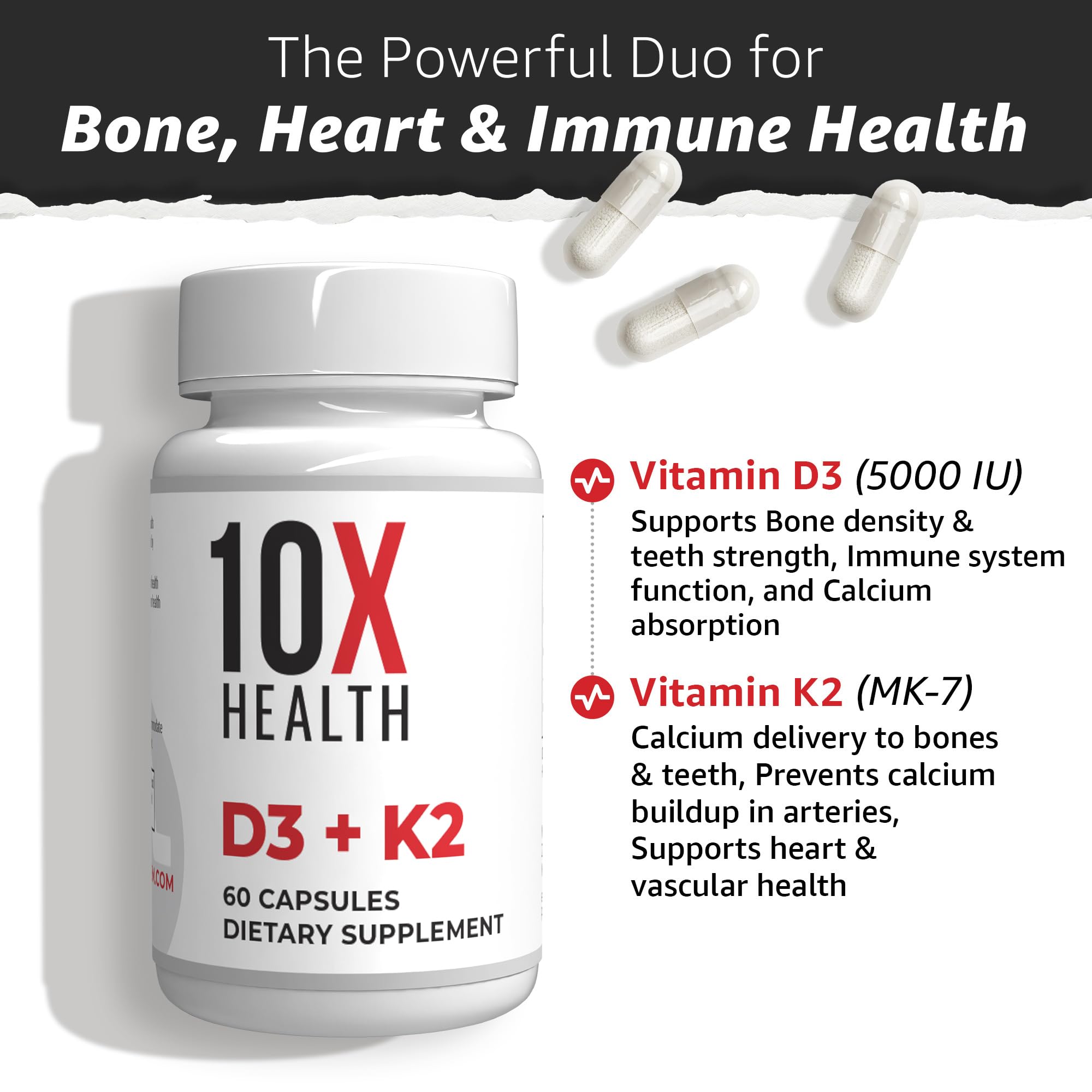 10X Health Vitamin D3 5000 IU & K2 MK7 - Menaquinone 7, High-Potency D3 K2 Vitamin Supplement for Bone Health, Heart and Teeth - 125 mcg Vitamin D & 90 mcg Vitamin K2-60 Capsules