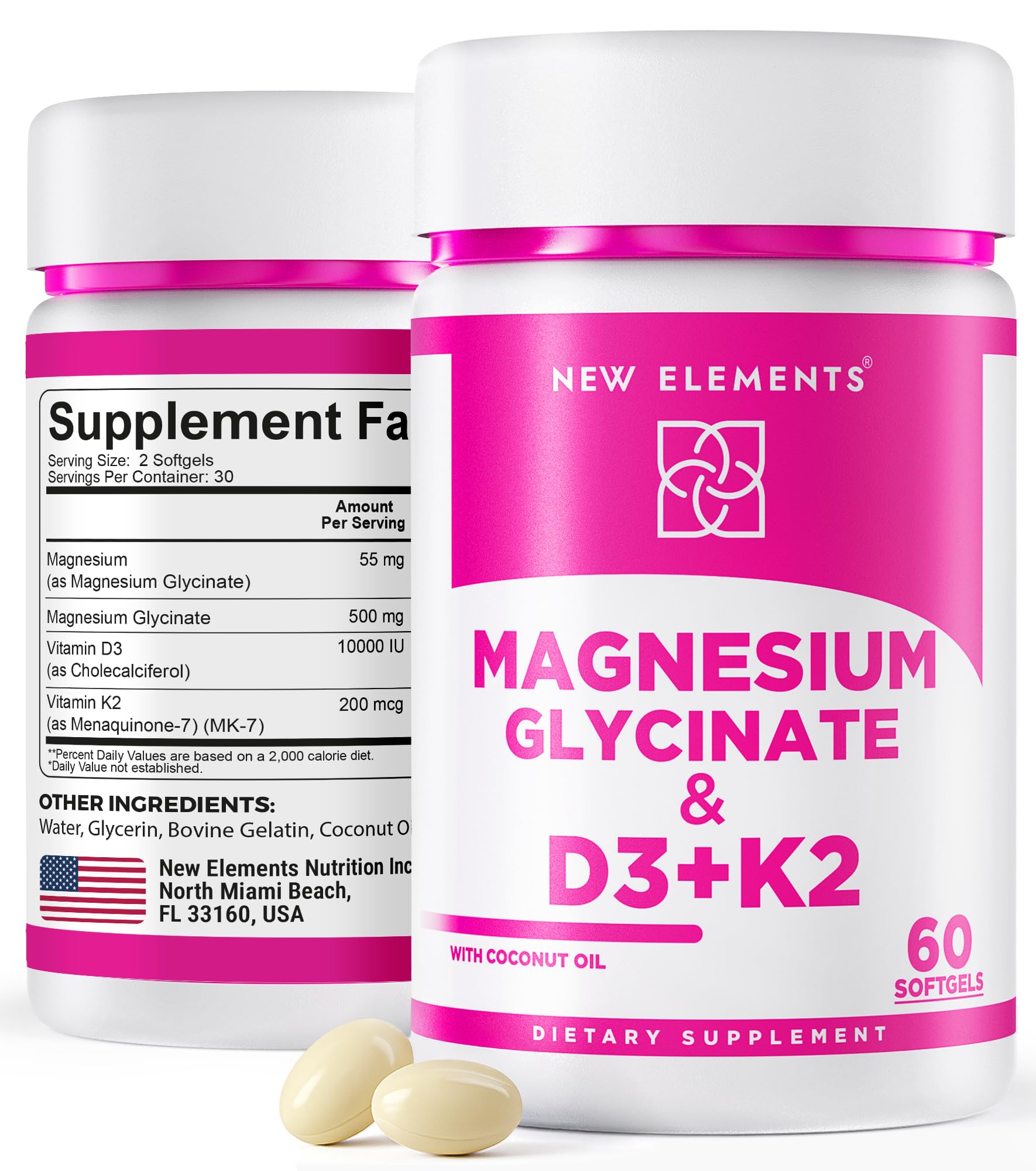 Magnesium Glycinate 500mg with High-Potency Vitamin D3 10,000 IU & Vitamin K2 200mcg | Enhanced with Coconut Oil for Optimal Absorption | Non-GMO, Gluten-Free, Sugar-Free Softgels (60 softgels)