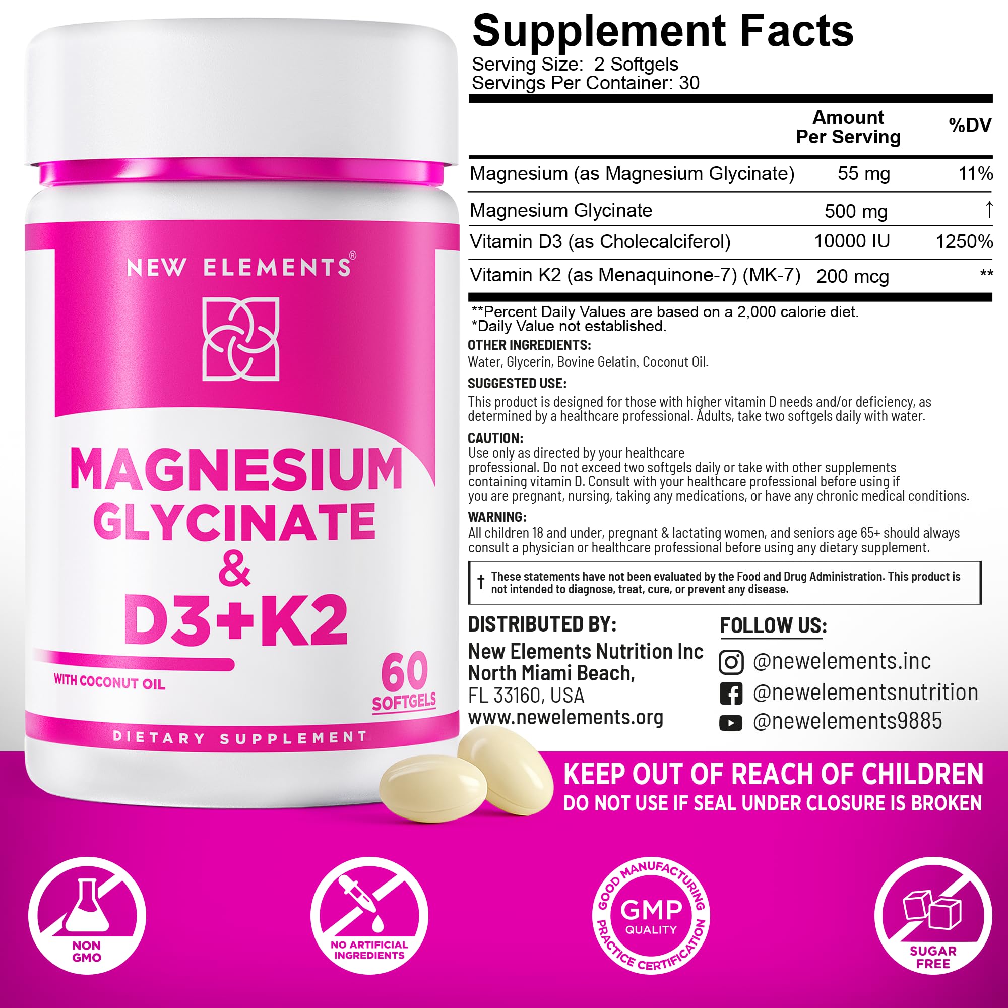 Magnesium Glycinate 500mg with High-Potency Vitamin D3 10,000 IU & Vitamin K2 200mcg | Enhanced with Coconut Oil for Optimal Absorption | Non-GMO, Gluten-Free, Sugar-Free Softgels (60 softgels)
