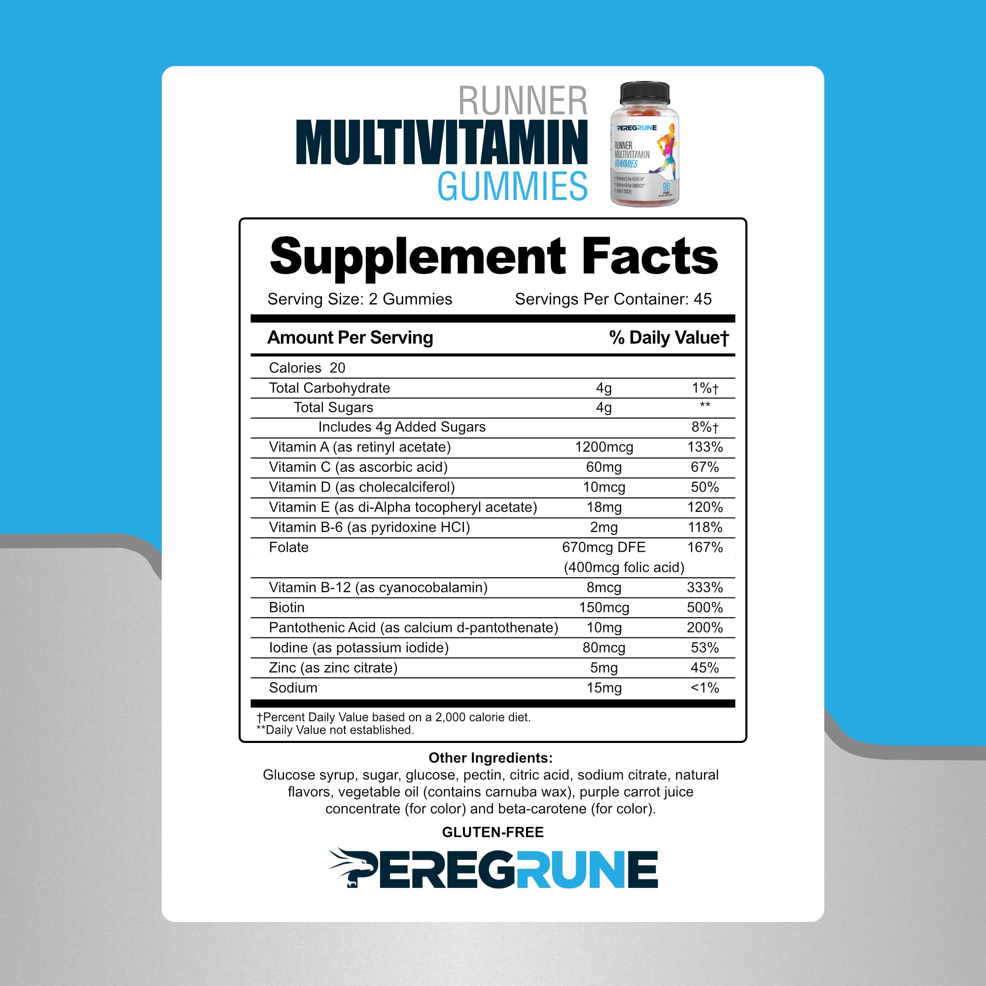 PEREGRUNE Runner Multivitamin Gummies - Daily Vitamin for Running with Vitamins A, C, D, E, and B Complex – 50% Less Sugar – Antioxidants, Recovery, Endurance, and Energy Gummy – Running Supplement