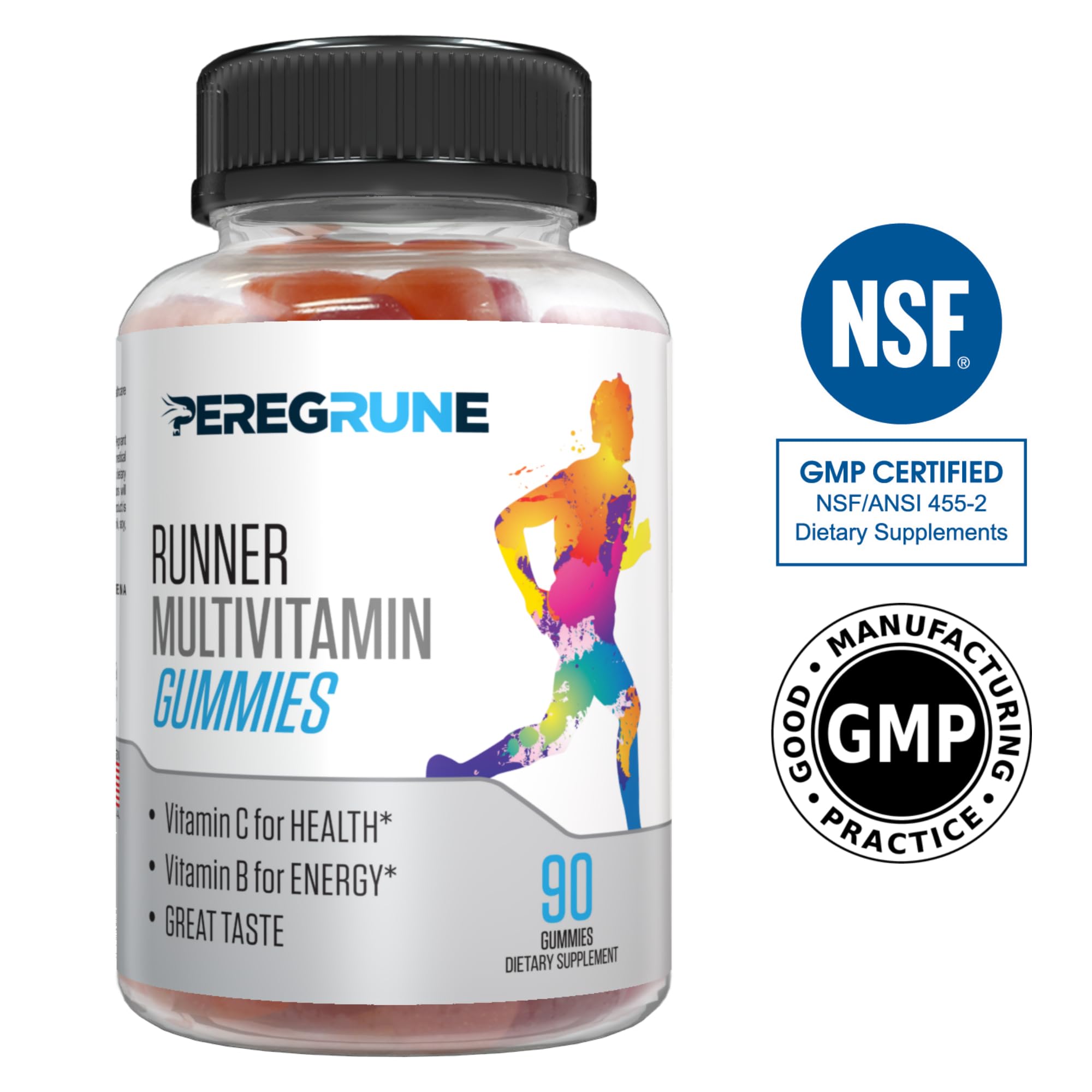 PEREGRUNE Runner Multivitamin Gummies - Daily Vitamin for Running with Vitamins A, C, D, E, and B Complex – 50% Less Sugar – Antioxidants, Recovery, Endurance, and Energy Gummy – Running Supplement