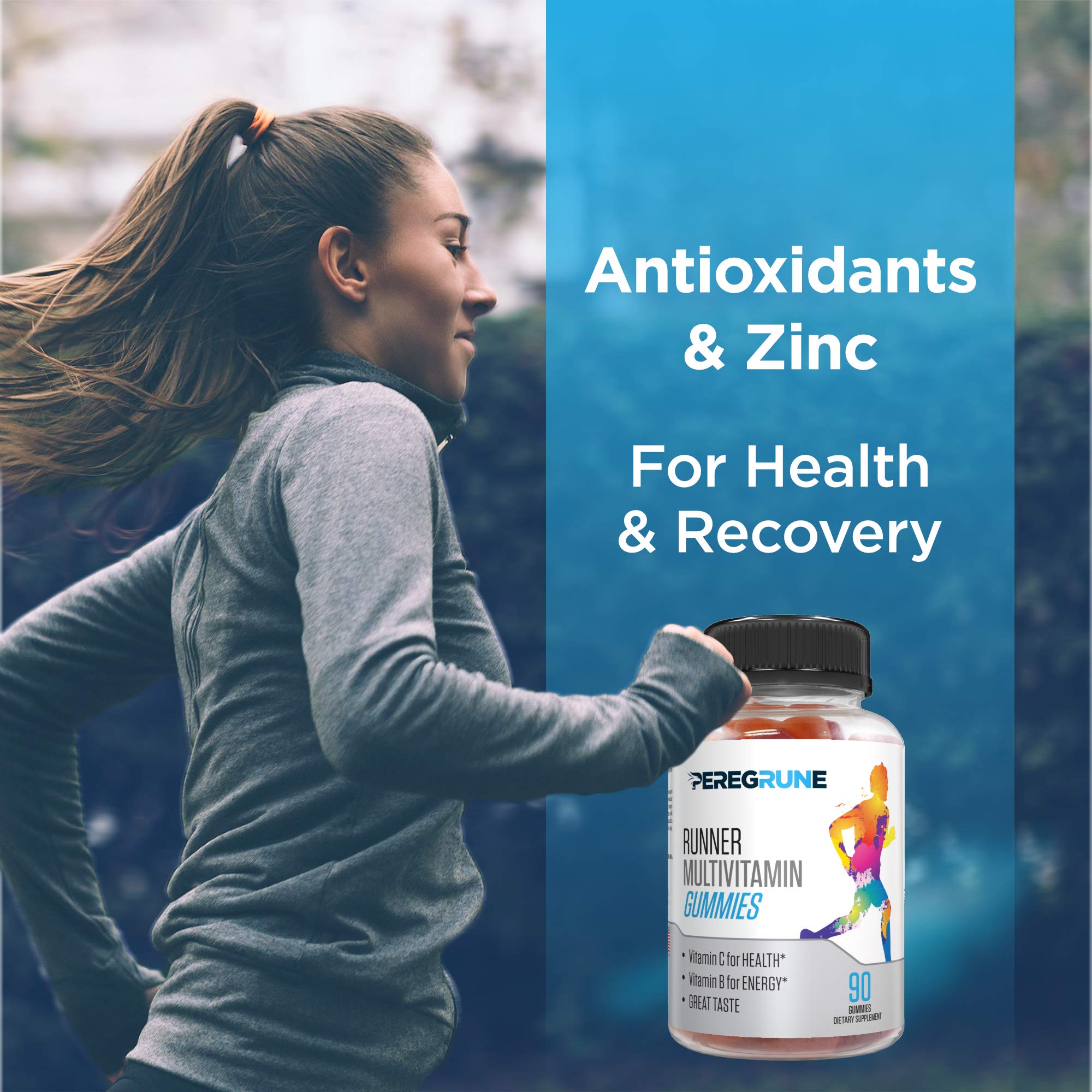 PEREGRUNE Runner Multivitamin Gummies - Daily Vitamin for Running with Vitamins A, C, D, E, and B Complex – 50% Less Sugar – Antioxidants, Recovery, Endurance, and Energy Gummy – Running Supplement