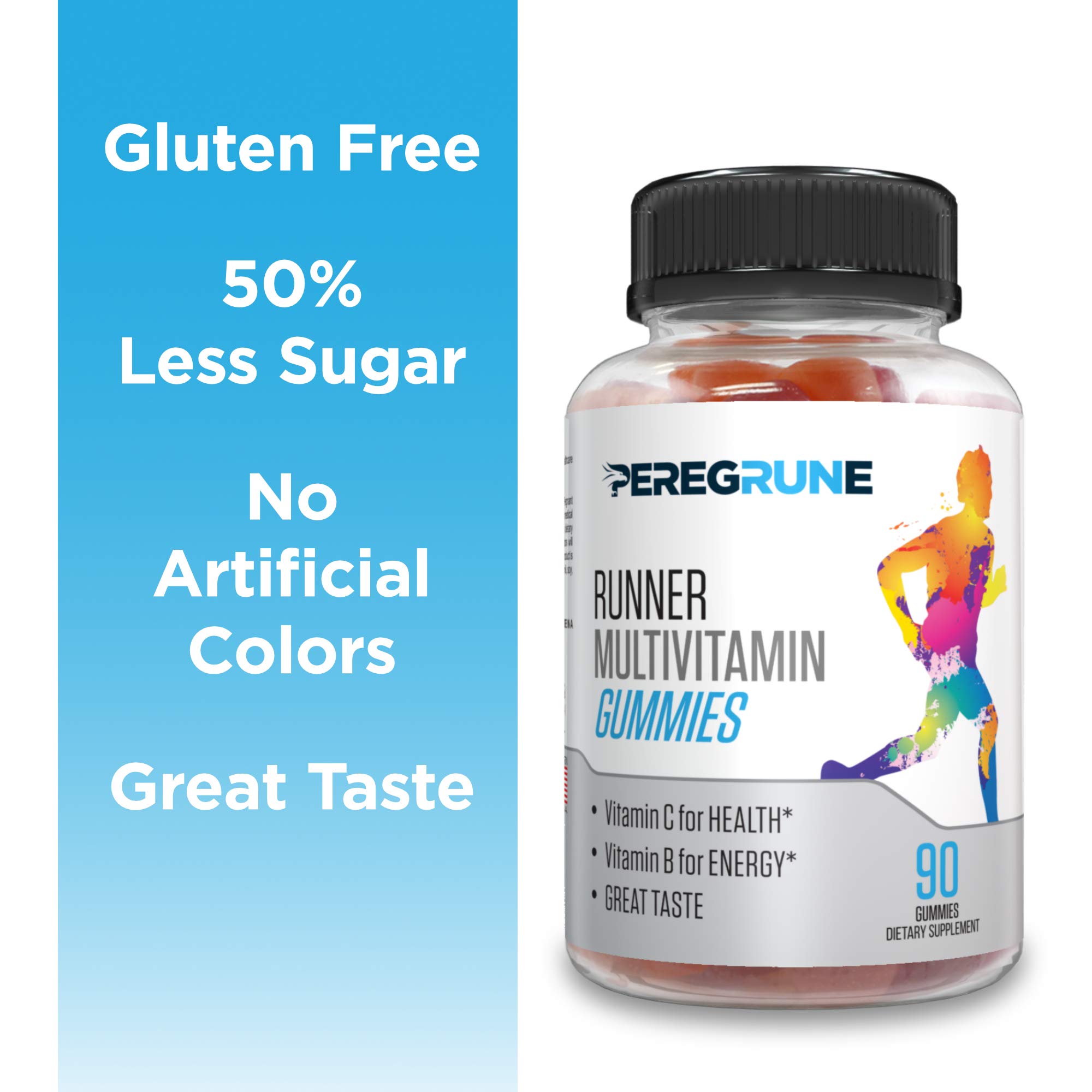 PEREGRUNE Runner Multivitamin Gummies - Daily Vitamin for Running with Vitamins A, C, D, E, and B Complex – 50% Less Sugar – Antioxidants, Recovery, Endurance, and Energy Gummy – Running Supplement