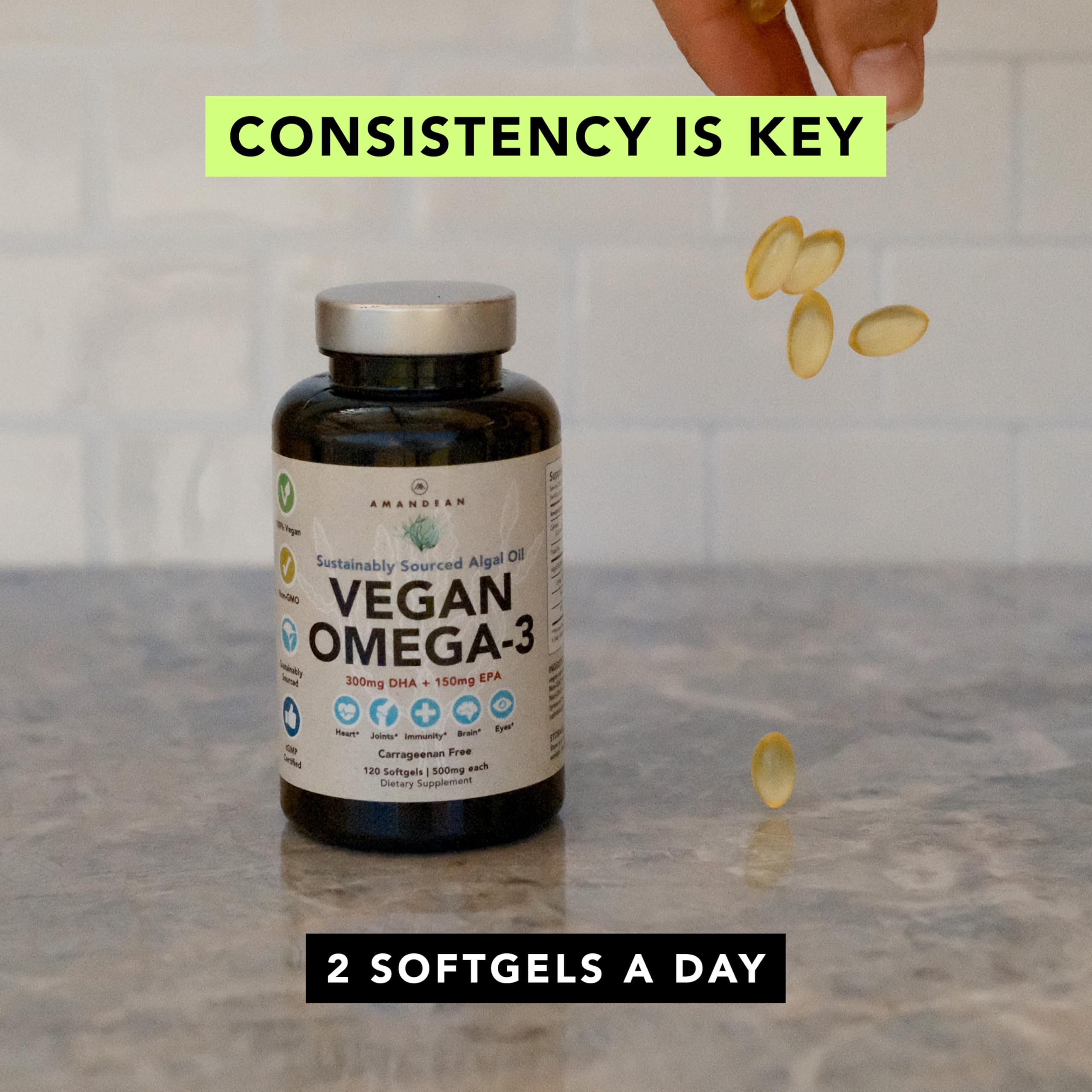 AMANDEAN Vegan Omega 3 Supplement. Premium Fish Oil Alternative. Algae DHA & EPA. Carrageenan Free Softgels. Algal Essential Fatty Acids. Plant Based Heart, Brain, Eye, Skin, Immune Support. (120ct)