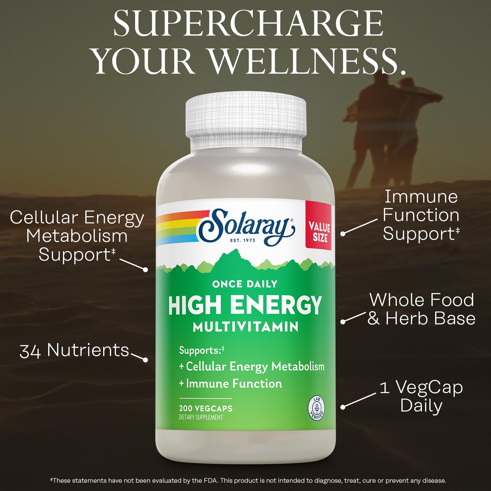 SOLARAY Once Daily High Energy Multivitamin for Women and Men – with Vitamin C, Vitamin D and Whole Food & Herb Base - Cellular Energy Metabolism & Immune Function Support – 200 Servings, 200 VegCap