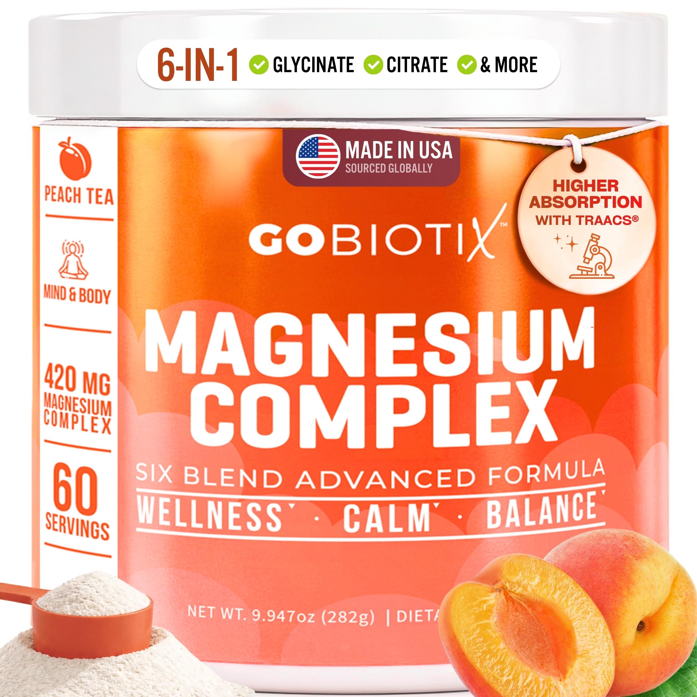 GoBiotix Magnesium Glycinate Powder – Cortisol Supplements for Women and Men – High Absorption Magnesium Complex Calm Supplement with Citrate, Malate – Sugar Free – 420 mg, 60 Servings - Peach Tea