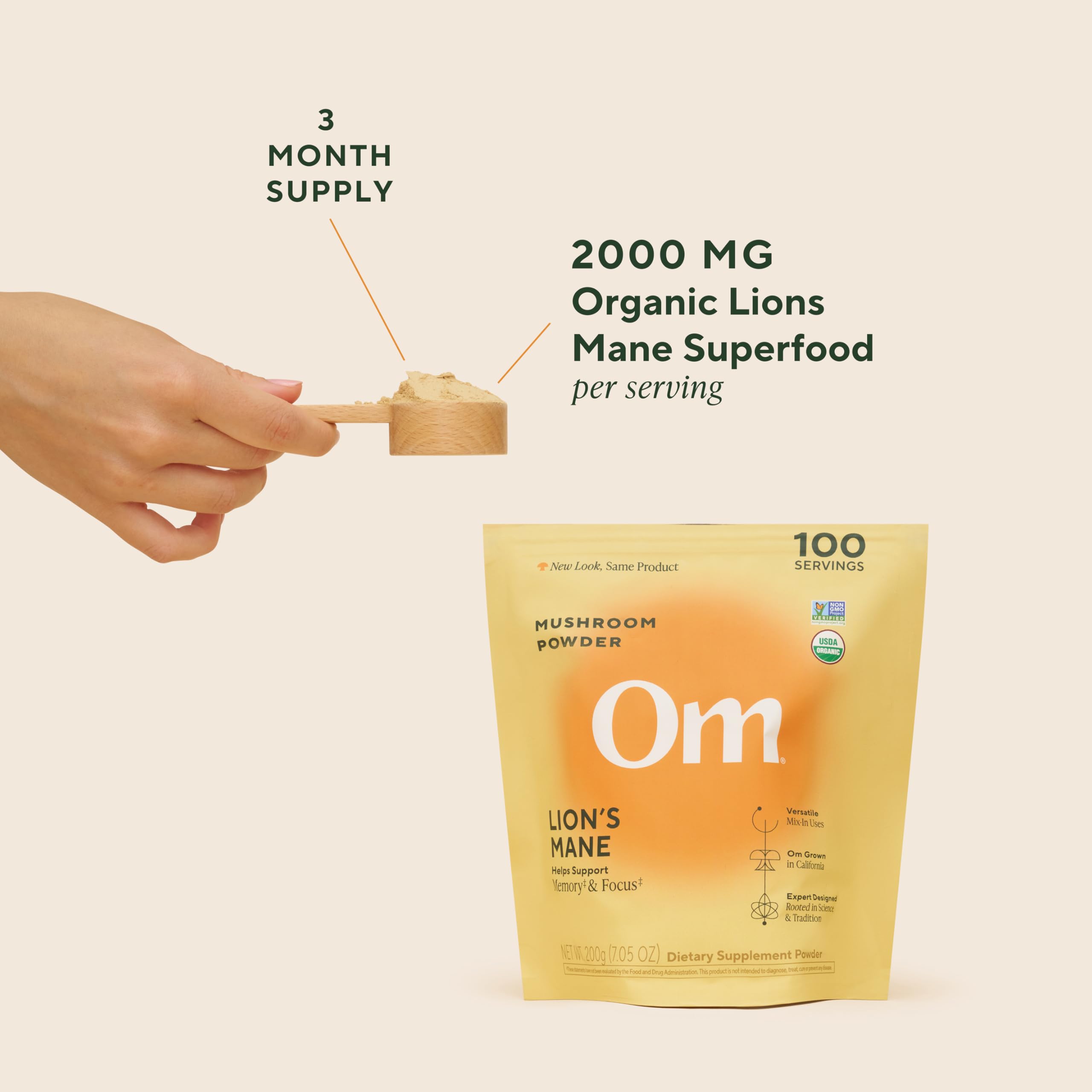 Om Lion’s Mane Mushroom Powder - Organic Mushroom Supplement and Nootropic - Support Memory, Focus and Nerve Health, 7.05 oz (100 Servings)​