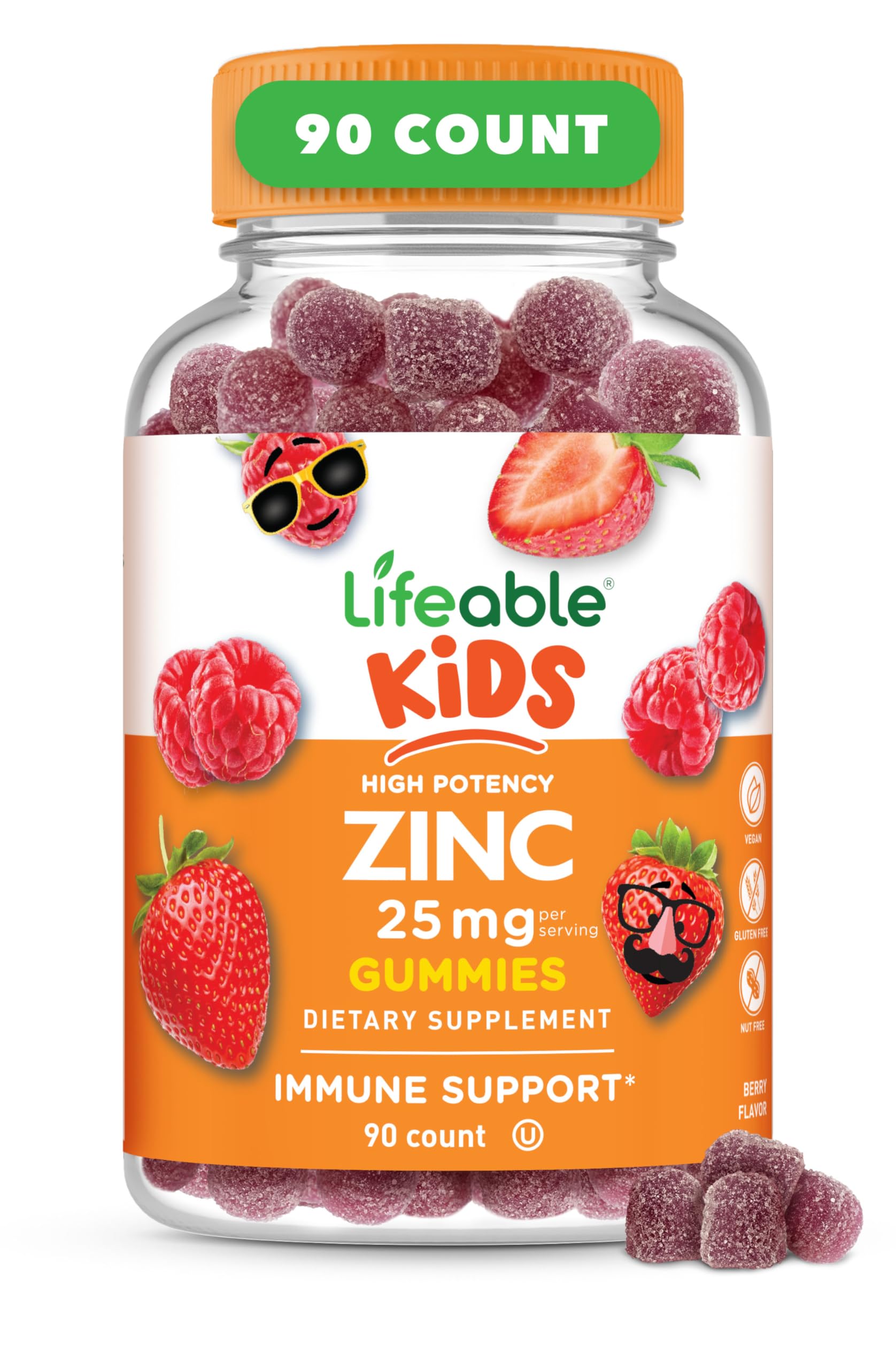 Lifeable Zinc for Kids | 25mg | Great Tasting Natural Flavored Zinc Gummies | Gluten Free Vegetarian Non GMO Zinc Supplements | Kids Zinc for Immune Support | 90 Gummies