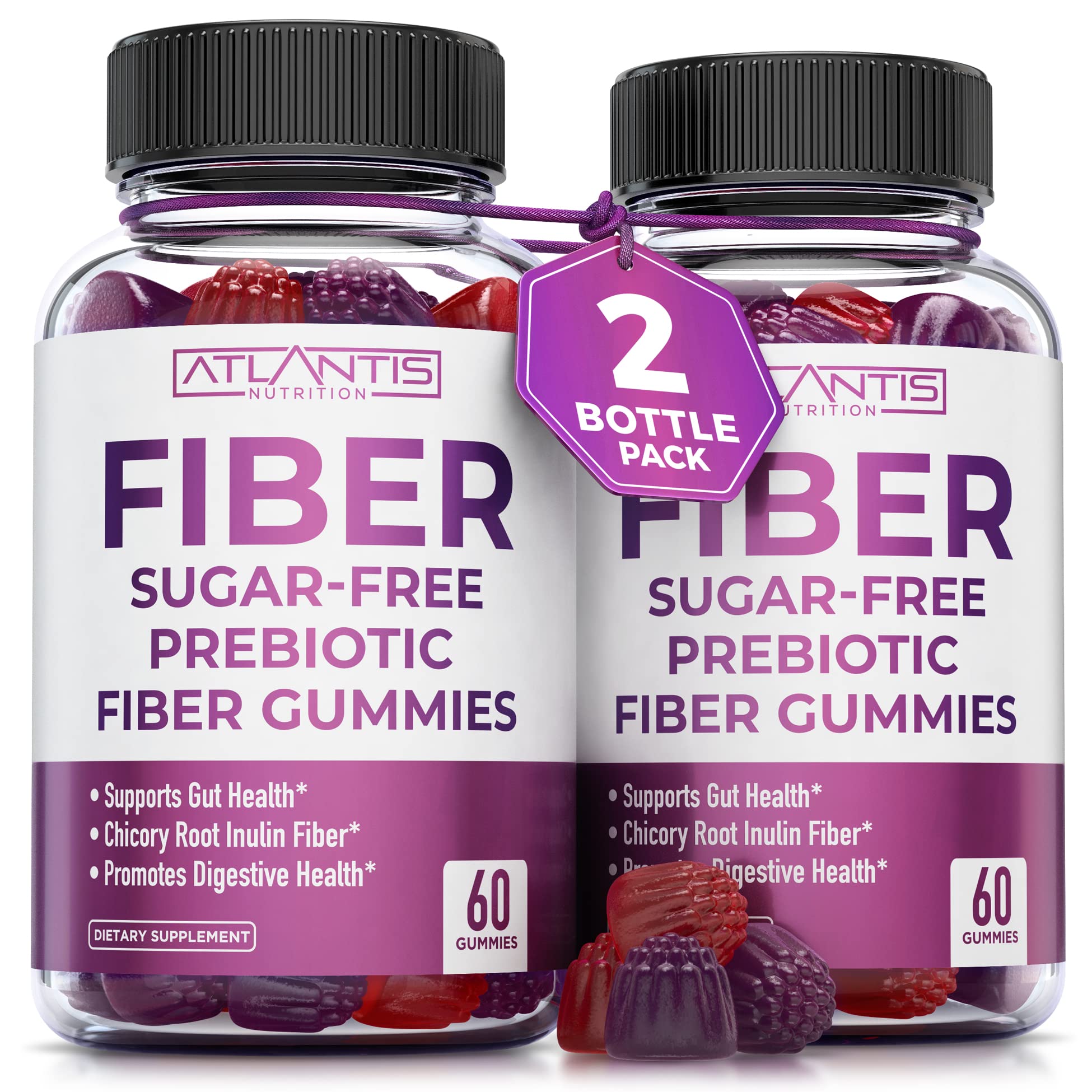 Atlantis Nutrition Sugar Free Fiber Gummies for Adults - 5G Fiber Supplement Formulated with 5.4G Prebiotic Digestive Blend - Supports Gut Health & Promotes Healthy Digestion - 2-Pack 120 Gummies