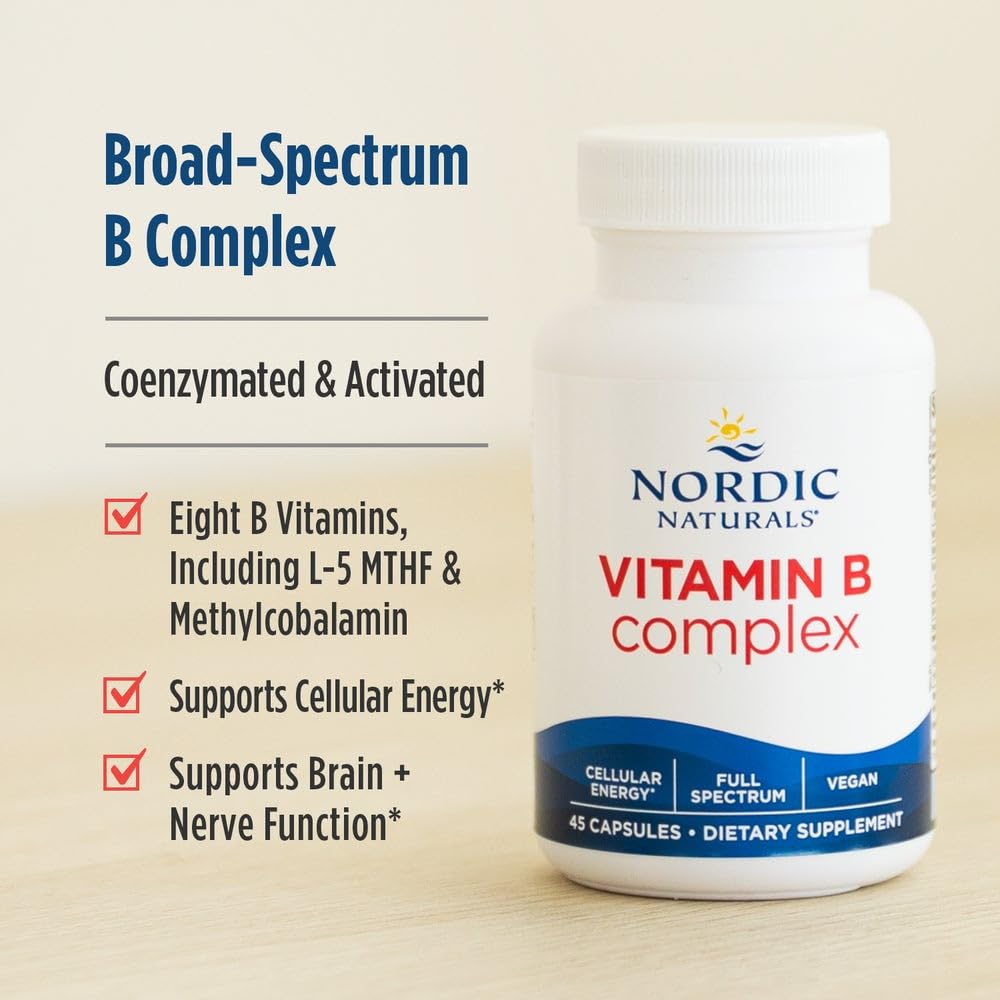 Nordic Naturals Vitamin B Complex - 45 Capsules Thiamine, Riboflavin, Niacin, B6 & B12, Folate, Biotin, Pantothenic Acid Heart Brain Health, Energy, Metabolism Non-GMO Servings