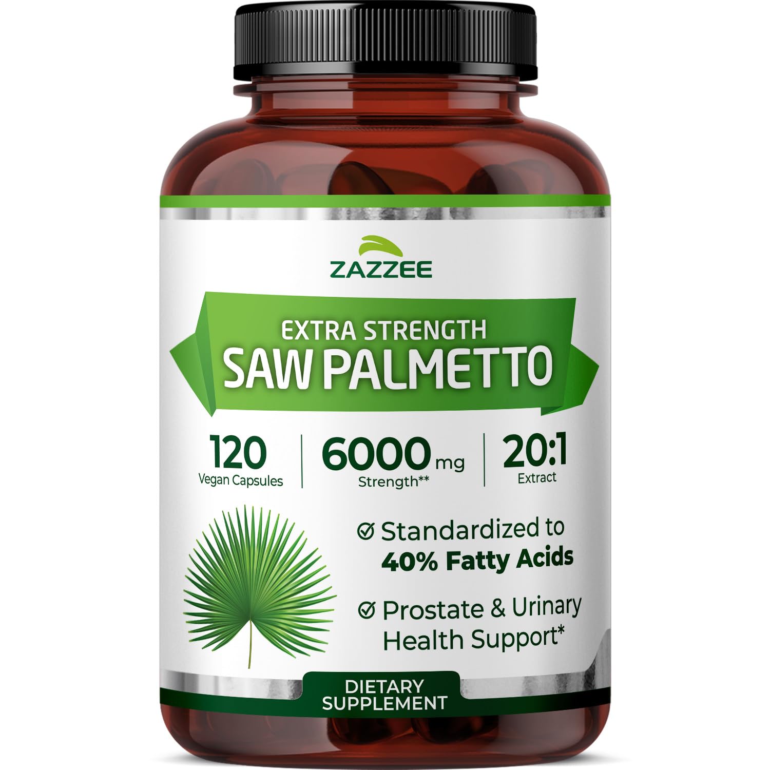 Zazzee Extra Strength Saw Palmetto 20:1 Extract, 6000 mg Strength, 40% Fatty Acids, 120 Vegan Capsules, 4 Month Supply, Concentrated and Standardized 20X Extract, Non-GMO, All-Natural, Made in the USA