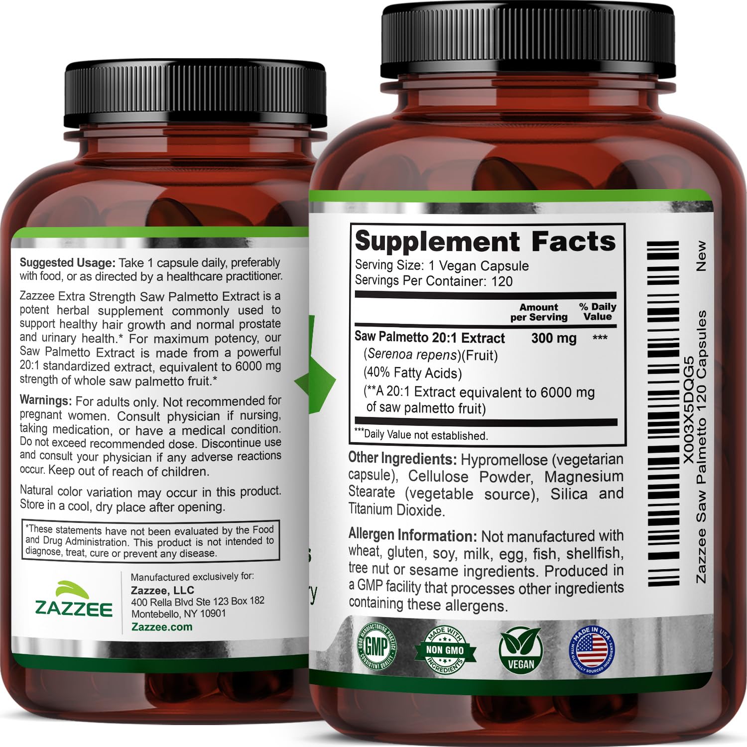 Zazzee Extra Strength Saw Palmetto 20:1 Extract, 6000 mg Strength, 40% Fatty Acids, 120 Vegan Capsules, 4 Month Supply, Concentrated and Standardized 20X Extract, Non-GMO, All-Natural, Made in the USA
