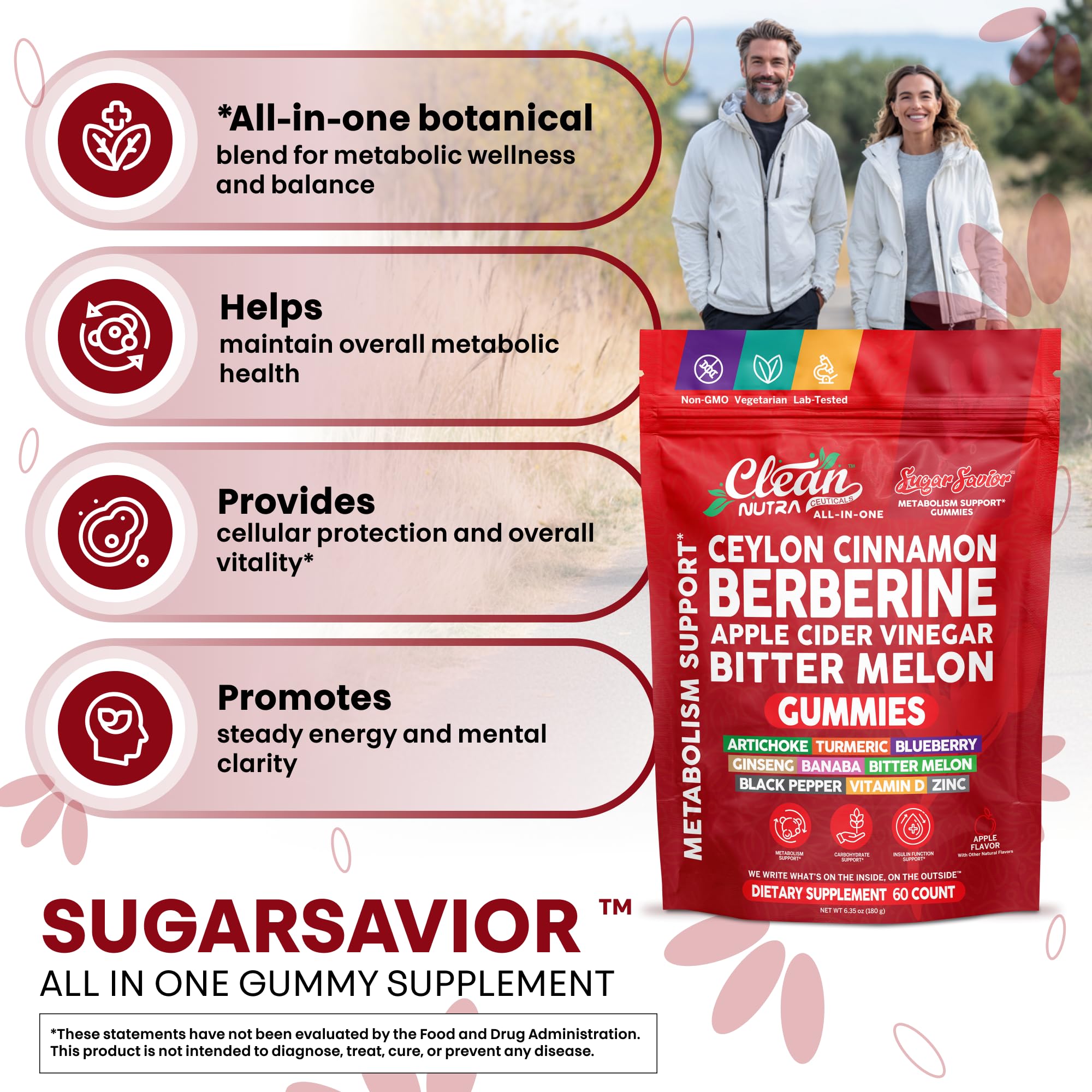 Sugar Savior Ceylon Cinnamon Berberine Gummies Apple Cider Vinegar Artichoke Turmeric Blueberry Ginseng Banaba Bitter Melon Black Pepper Vitamin D Zinc GLP1 Gummies 60 Count by Clean Nutra