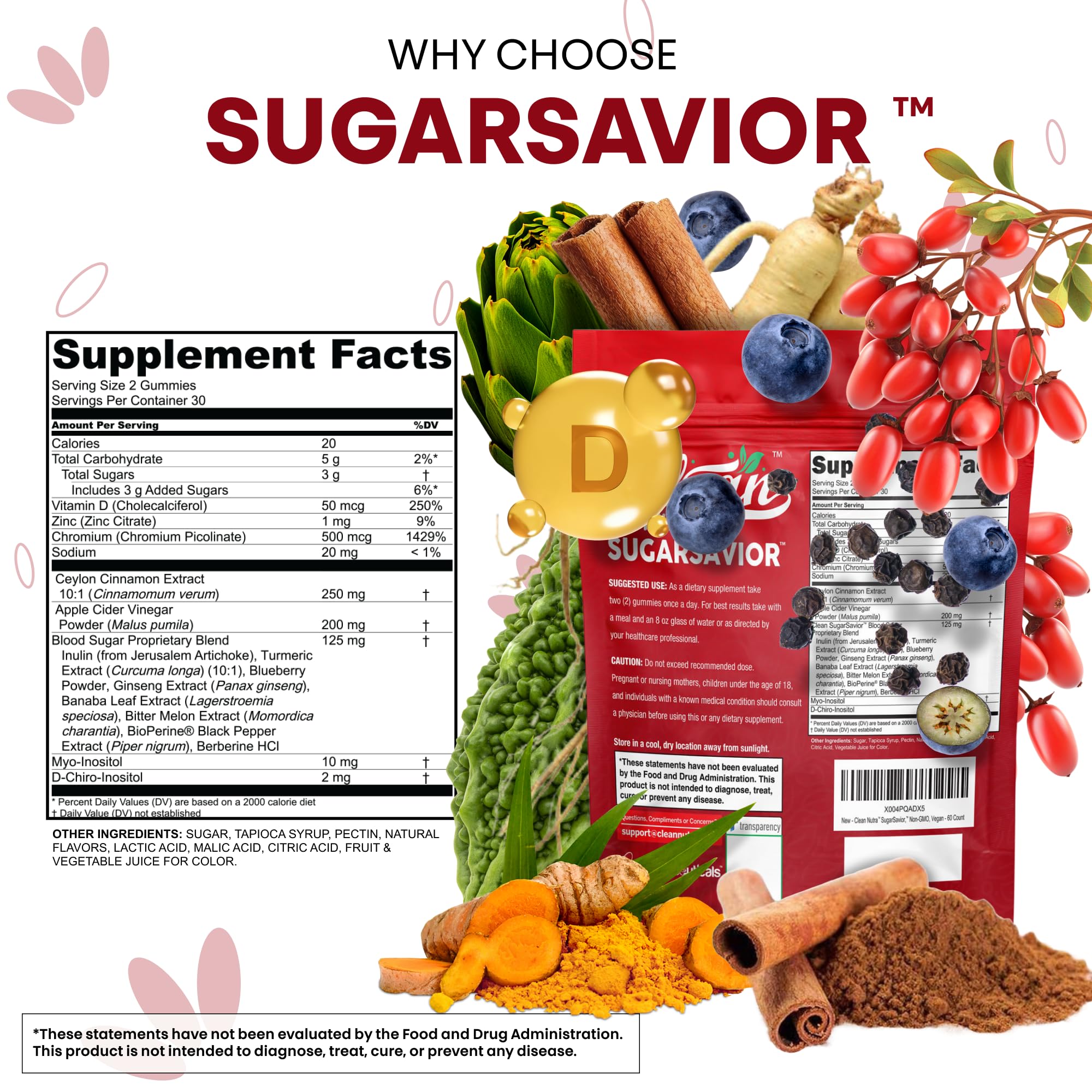 Sugar Savior Ceylon Cinnamon Berberine Gummies Apple Cider Vinegar Artichoke Turmeric Blueberry Ginseng Banaba Bitter Melon Black Pepper Vitamin D Zinc GLP1 Gummies 60 Count by Clean Nutra