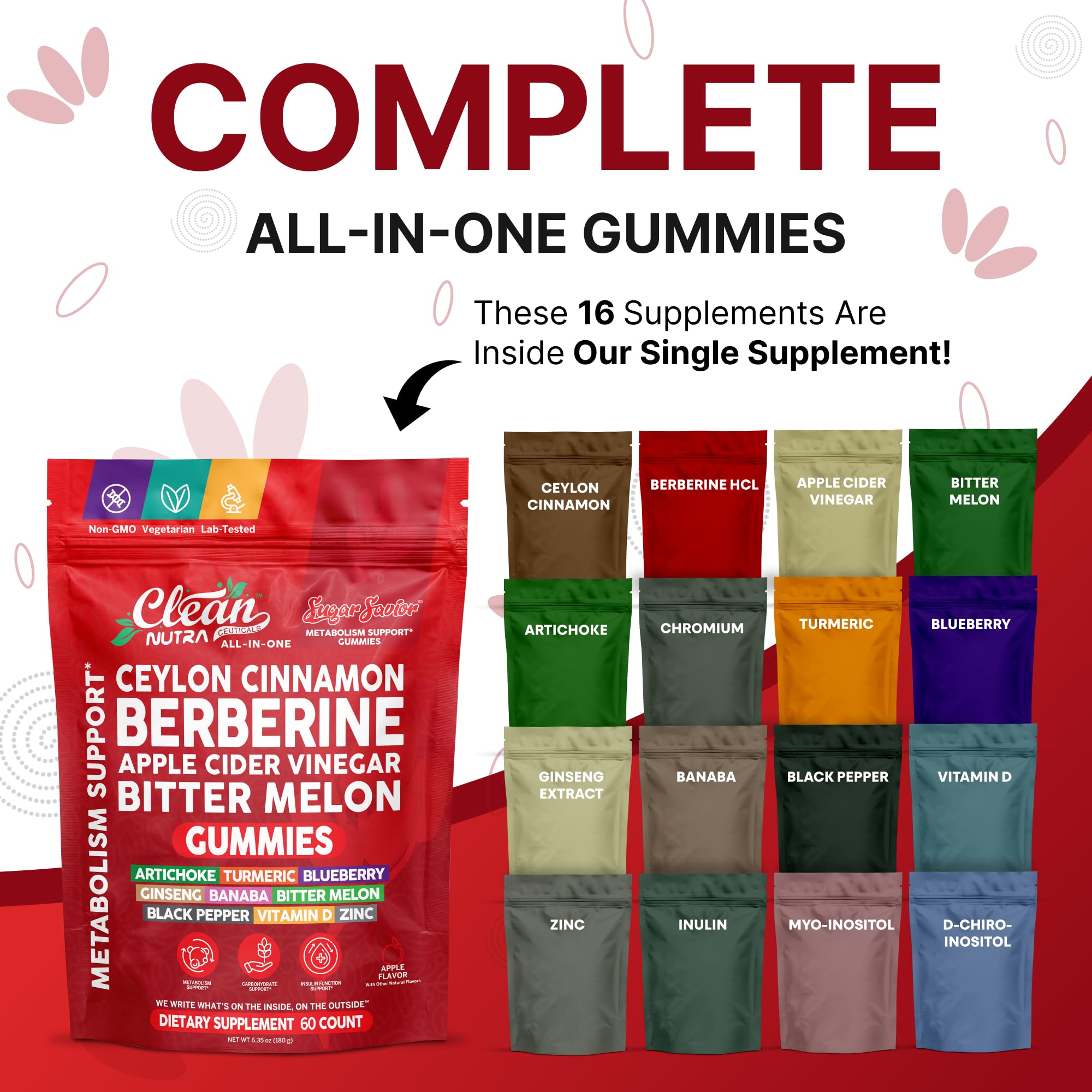 Sugar Savior Ceylon Cinnamon Berberine Gummies Apple Cider Vinegar Artichoke Turmeric Blueberry Ginseng Banaba Bitter Melon Black Pepper Vitamin D Zinc GLP1 Gummies 60 Count by Clean Nutra