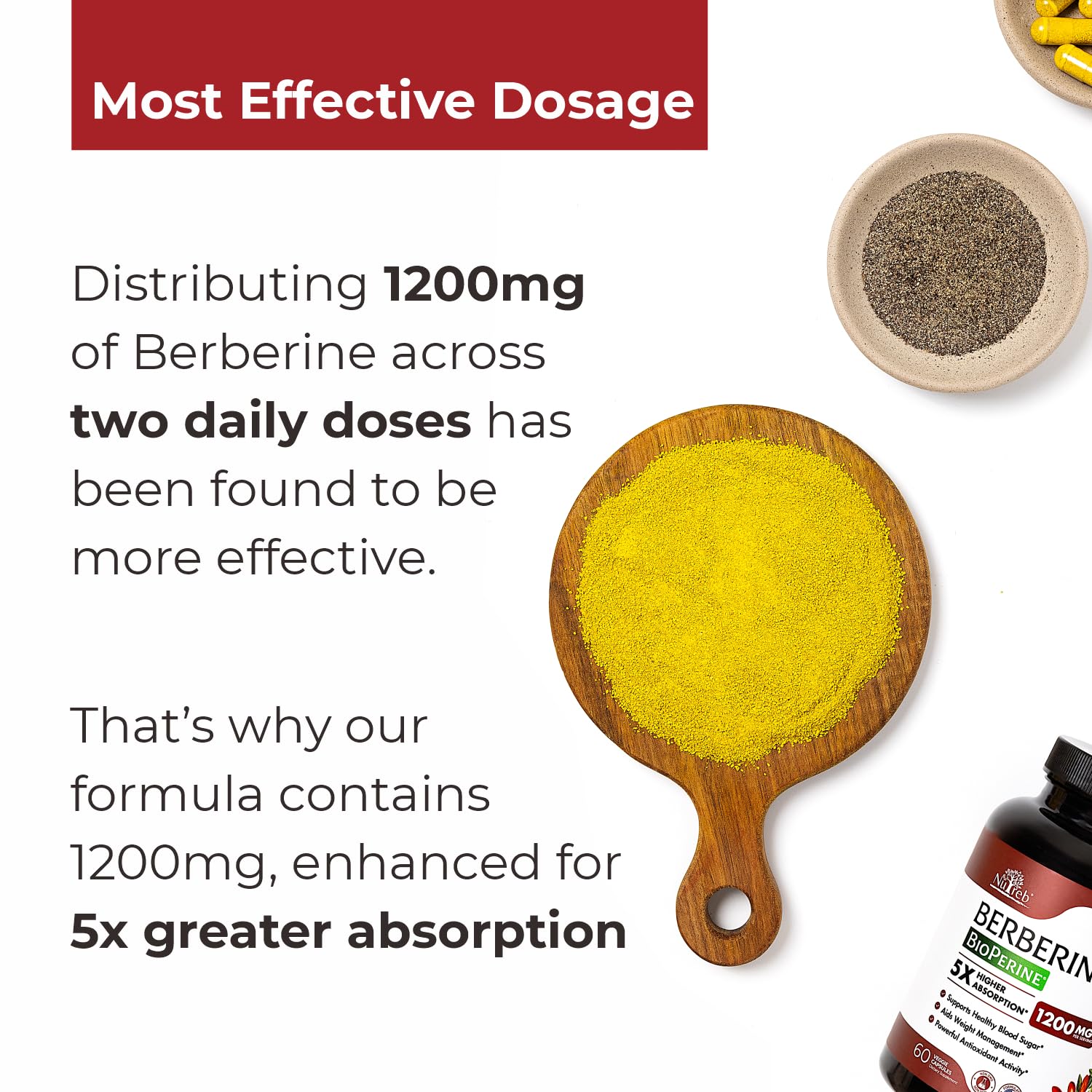 Nutreb Berberine Supplement 1200mg - 5X Higher Absorption - Ultra Pure 98% Berberine HCL - Healthy Weight Management, Immune Support - Non GMO, Manufactured in USA - 60 Vegan Capsules