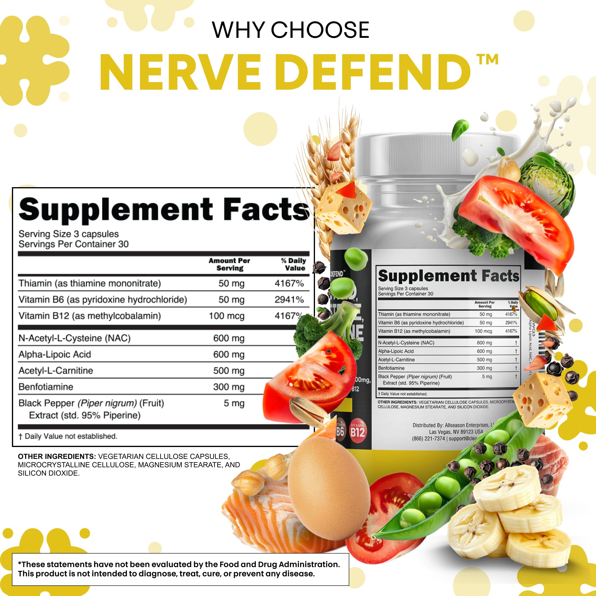 Alpha Lipoic Acid 600mg N-Acetyl Cysteine 600mg Acetyl L-Carnitine 500mg Benfotiamine 300mg - Nerve Support Supplement for Women and Men with Vitamin B1 B6 & B12 - Made in USA 90 Caps