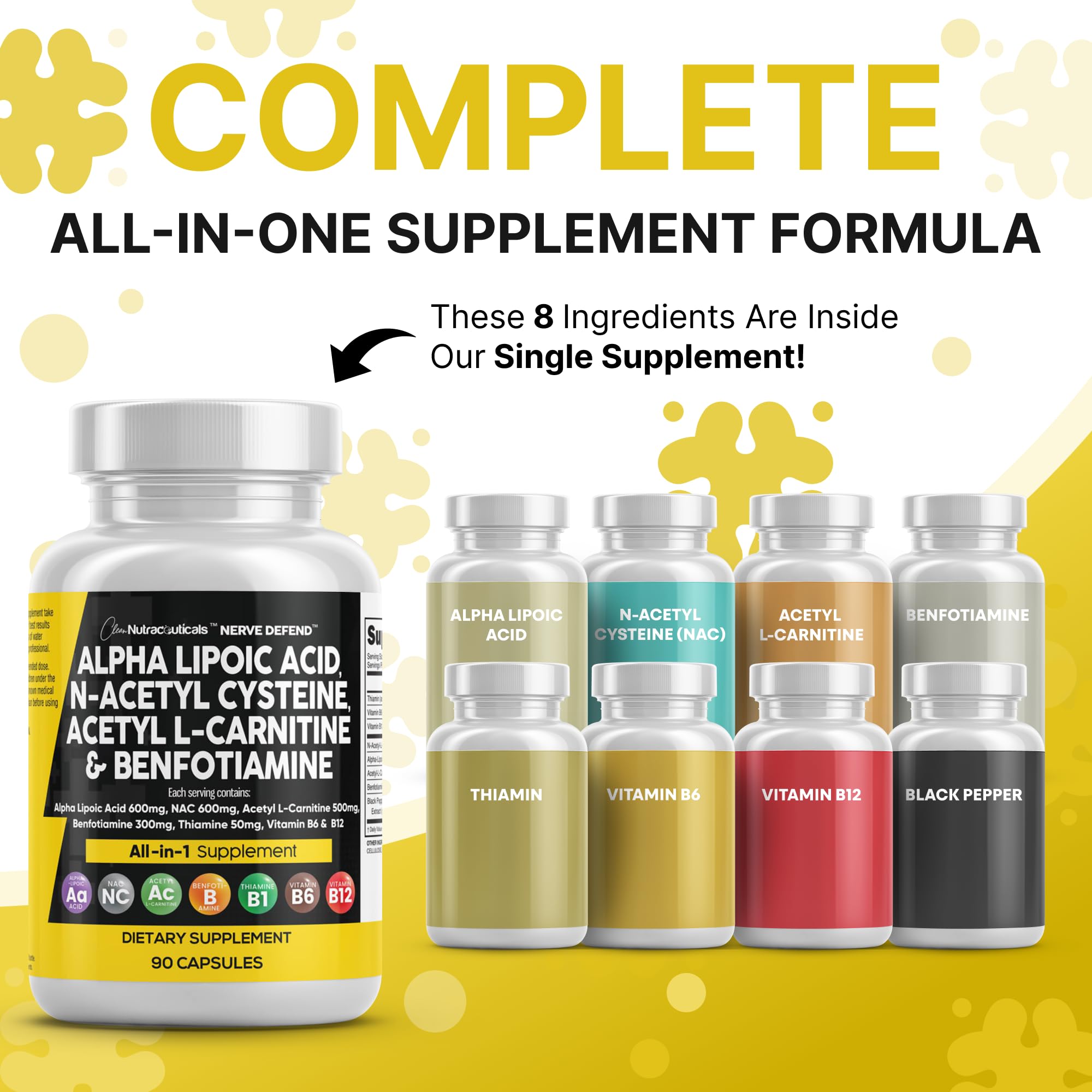 Alpha Lipoic Acid 600mg N-Acetyl Cysteine 600mg Acetyl L-Carnitine 500mg Benfotiamine 300mg - Nerve Support Supplement for Women and Men with Vitamin B1 B6 & B12 - Made in USA 90 Caps