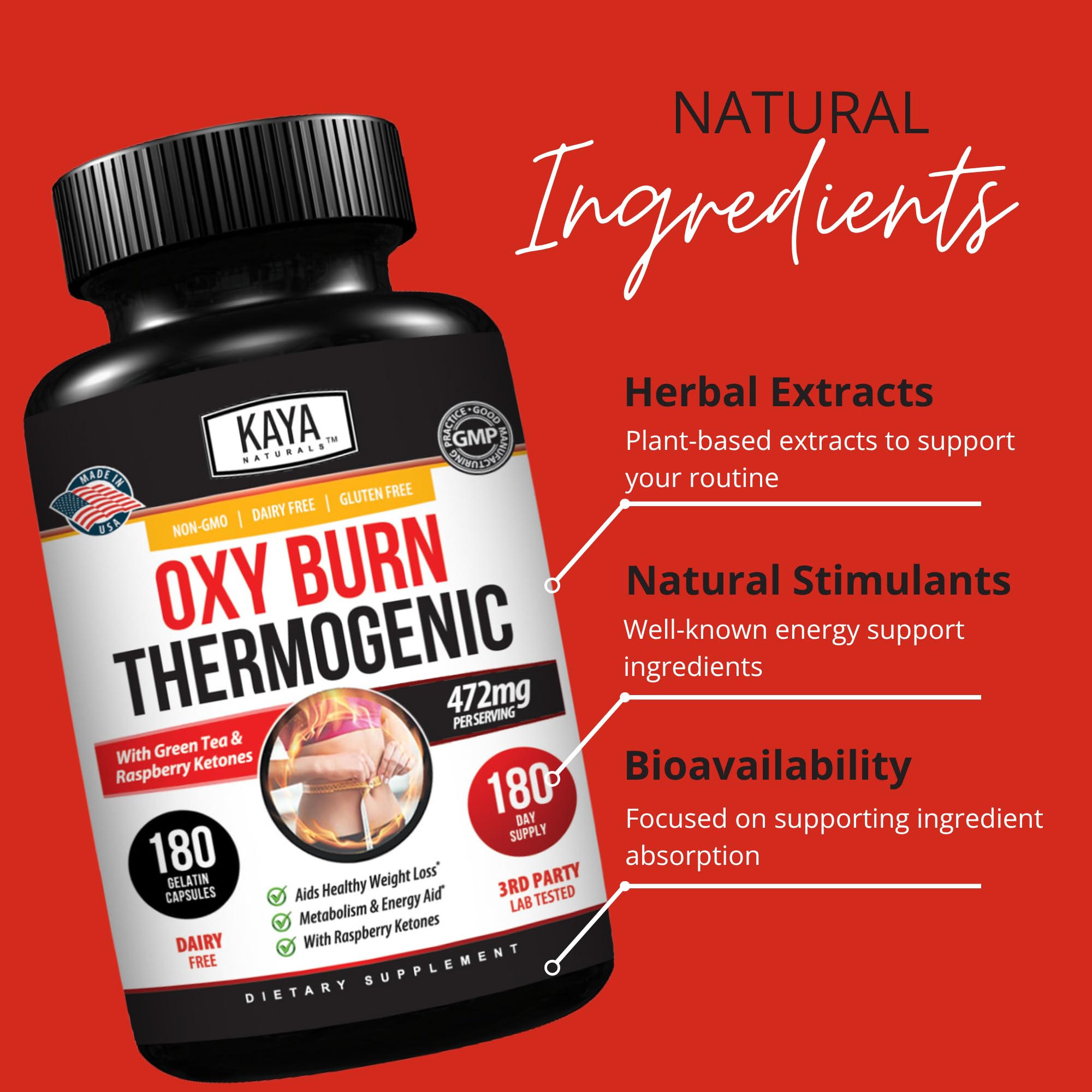 Kaya Naturals Oxy Burn - Thermogenic Herbal Formula for Active Living – Non-GMO & Gluten-Free – 180 Count
