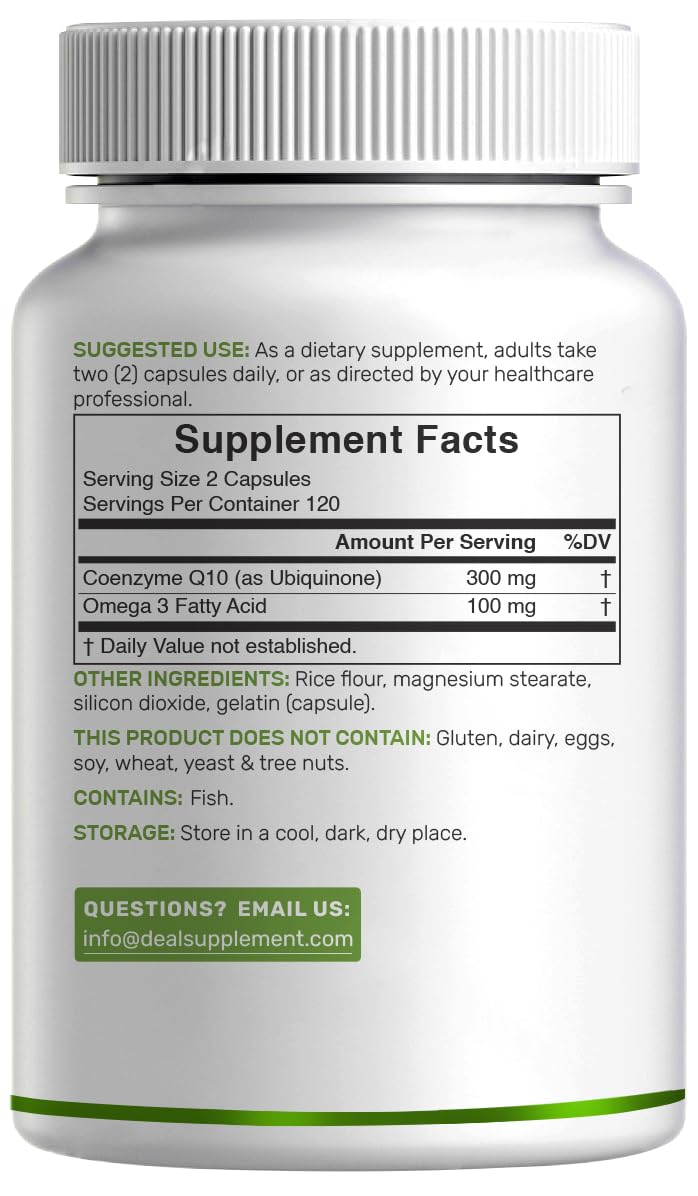 DEAL SUPPLEMENT CoQ10 300mg with Omega 3 100mg, 240 Capsules | Bioavailable Coenzyme Q10 Formula | Supports Heart, Energy & Brain Health | Antioxidant Support | Non-GMO
