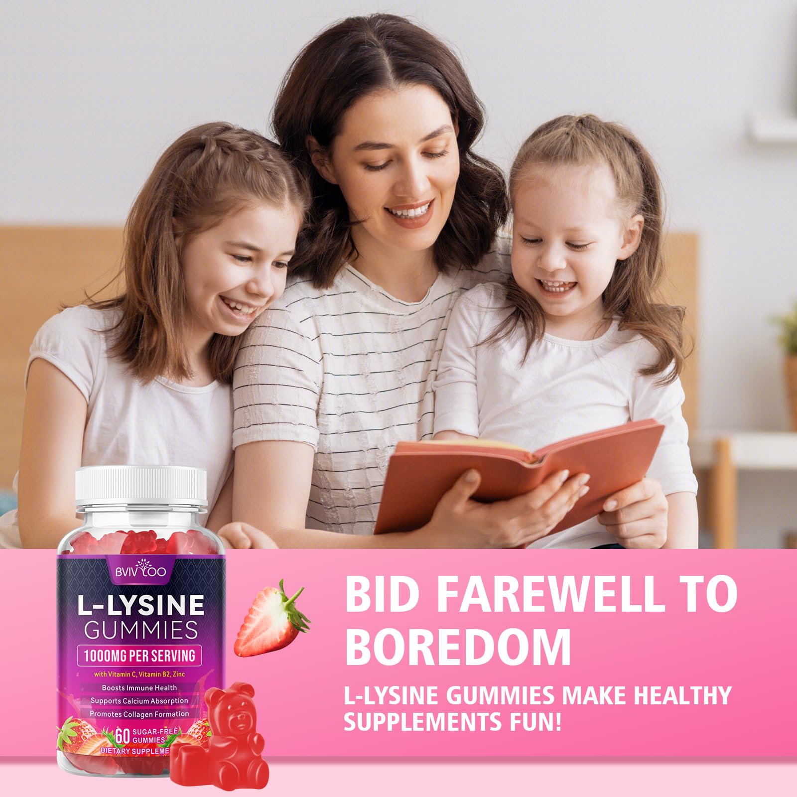 BVIVLOO L-Lysine 1000mg Gummies for Immune Support & Skin Health - High Potency Vegan Gummies, Sugar-Free, Natural Berry Flavor, Gluten-Free Chewable Supplement for Adults & Kids - 60 Gummiess