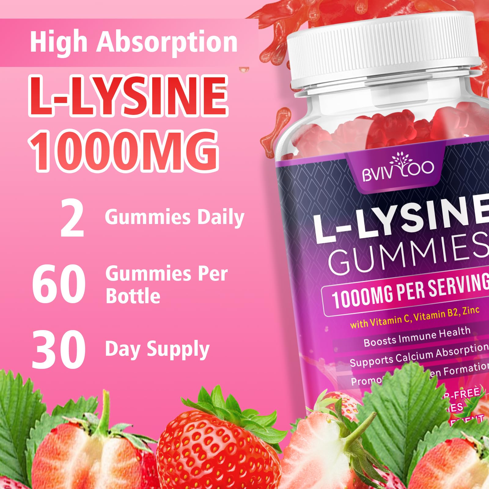 BVIVLOO L-Lysine 1000mg Gummies for Immune Support & Skin Health - High Potency Vegan Gummies, Sugar-Free, Natural Berry Flavor, Gluten-Free Chewable Supplement for Adults & Kids - 60 Gummiess