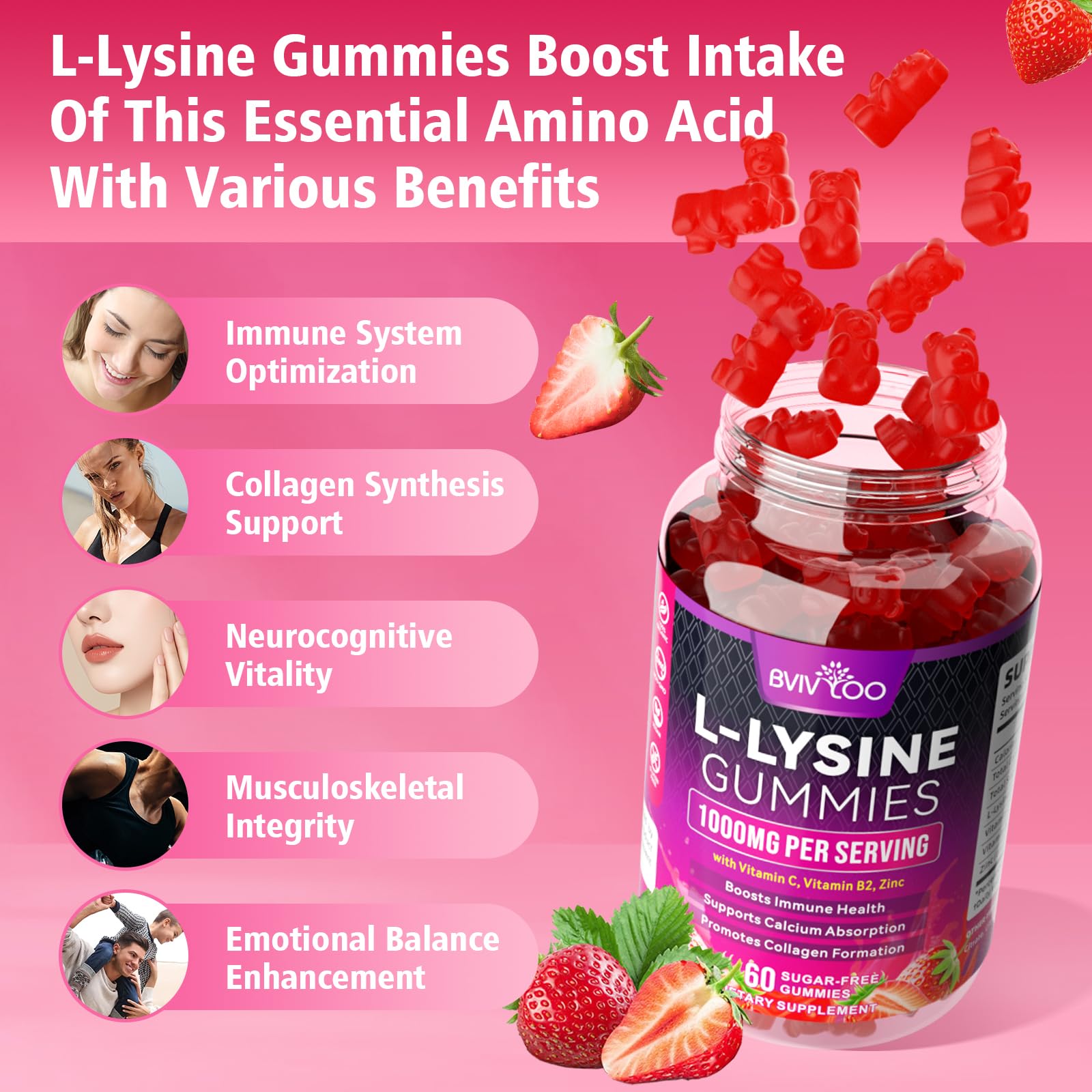 BVIVLOO L-Lysine 1000mg Gummies for Immune Support & Skin Health - High Potency Vegan Gummies, Sugar-Free, Natural Berry Flavor, Gluten-Free Chewable Supplement for Adults & Kids - 60 Gummiess